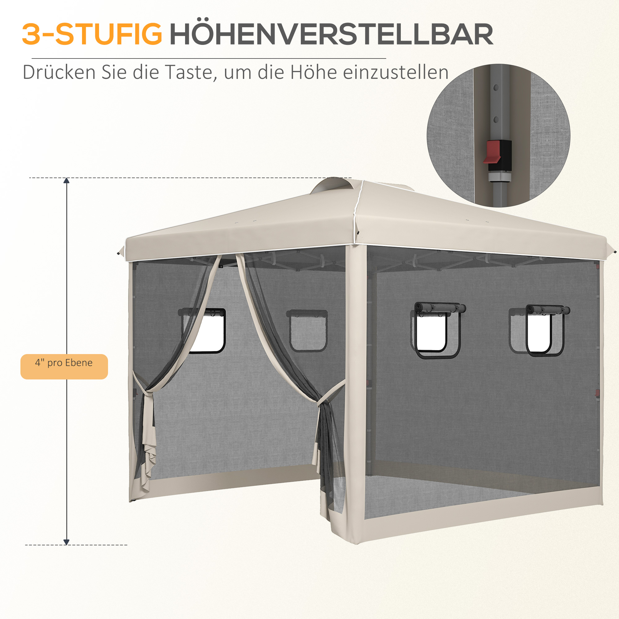 Outsunny Opvouwbare paviljoen met verstelbare hoogte, netgordijnen, draagtas, metalen frame, 3 x 3 x 3 m, Beige