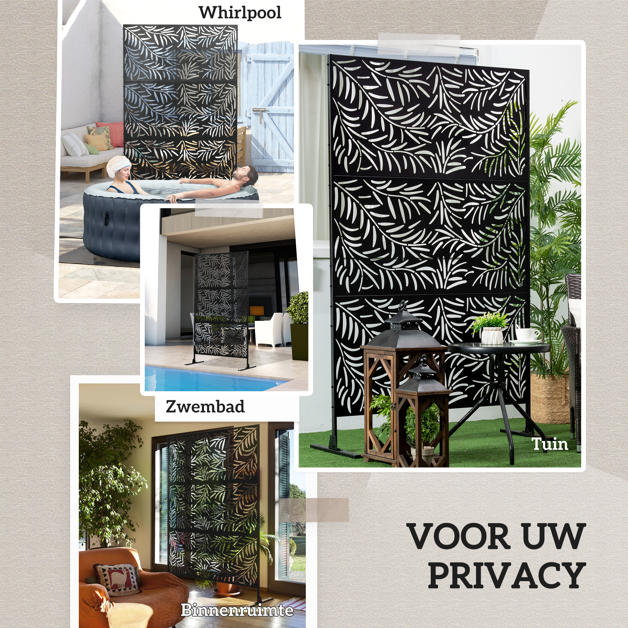 Outsunny tuinverdeler privacyverdeler zwembad natuurmotief vrijstaand zwart