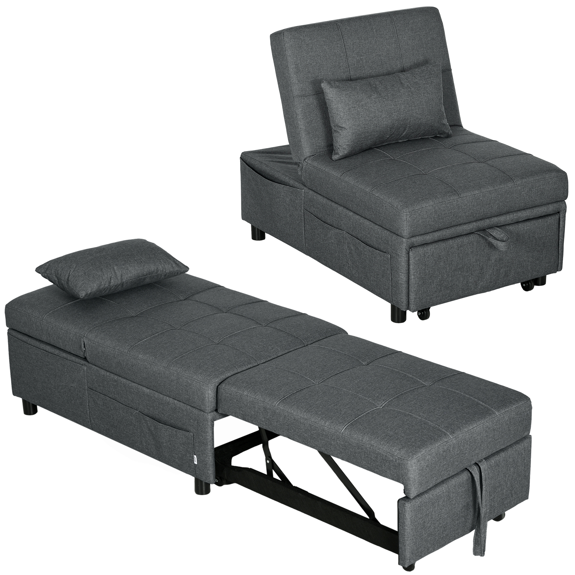 HOMCOM Ligstoel Slaapstoel 3-in-1 Stoel, linnenlook, inclusief kussen, 65,5 cm x 104 cm x 81 cm, Donkergrijs