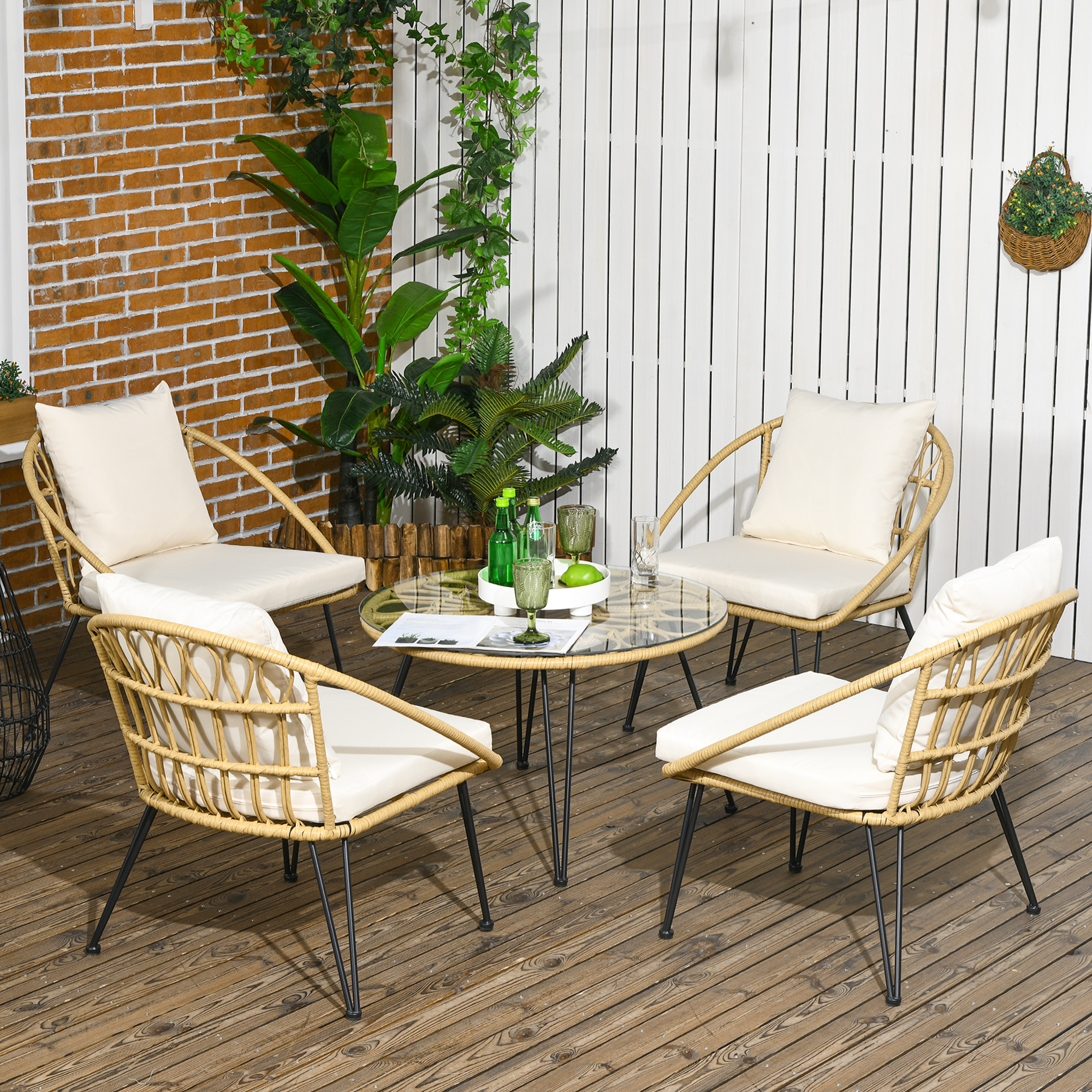 Outsunny Tuinmeubelset 5-delig Outdoors Tuinmeubelset, Boho-stijl, 82 cm x 82 cm x 50 cm, Beige + Natuur