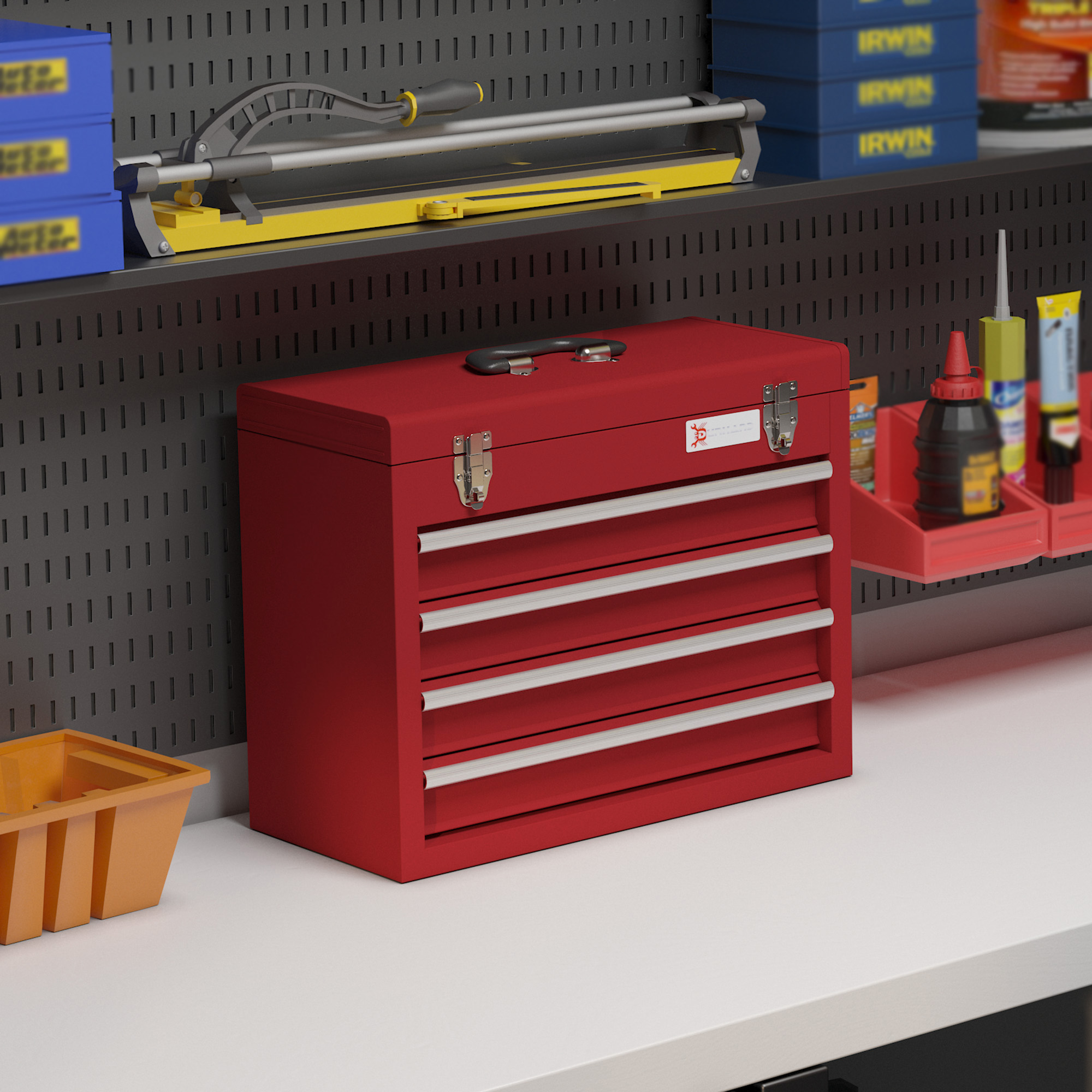 DURHAND Gereedschapskist met 4 lades, bovenvak, stalen sloten, draaggreep, 51x22x39,5 cm, Rood