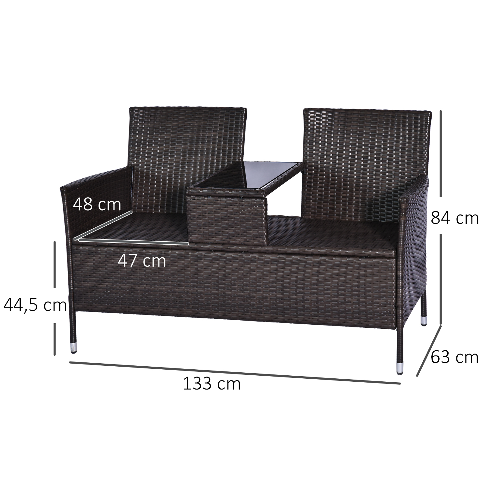 Outsunny Poly-rotan tuinbank met tafel tuinbank bank 2-zits staal bruin