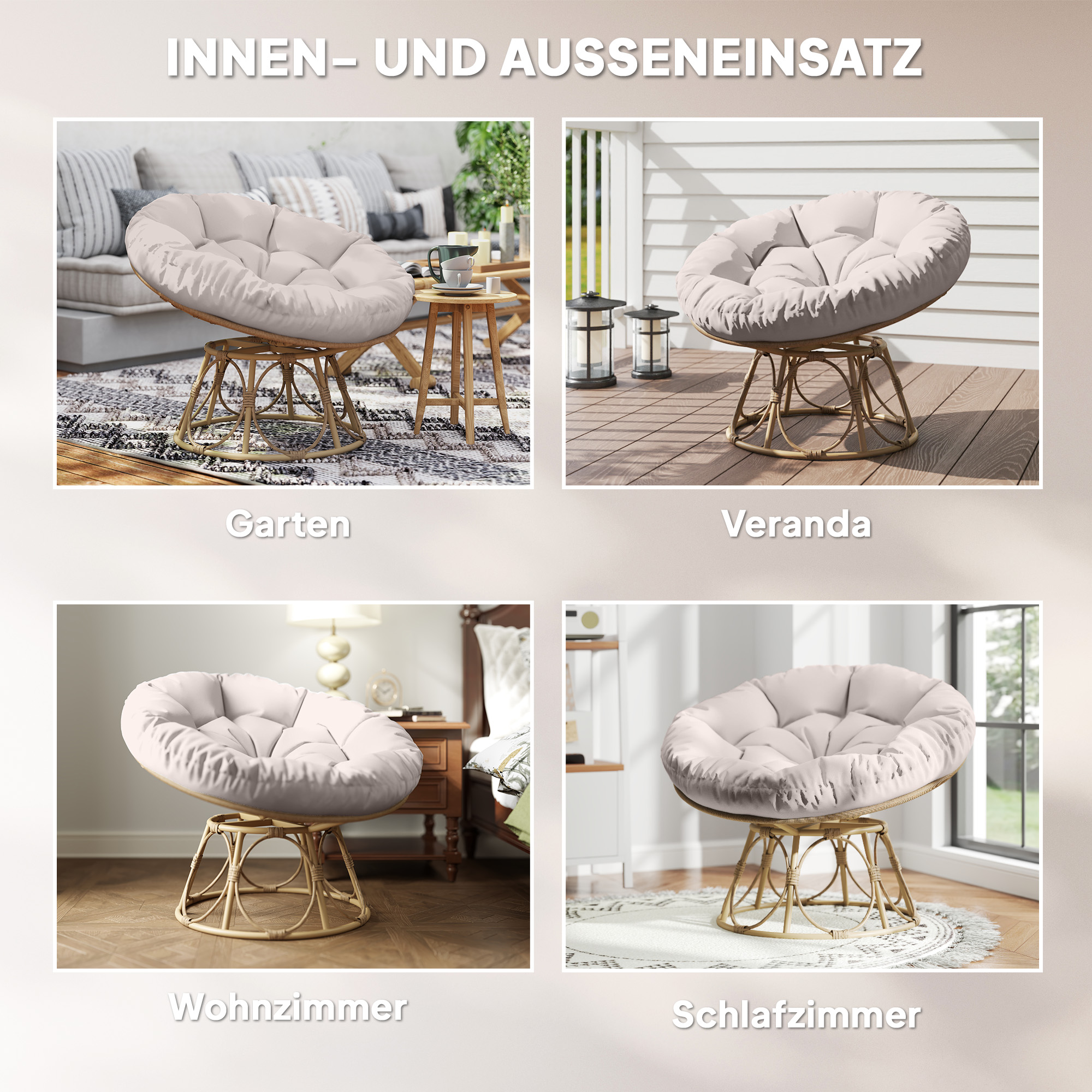 Outsunny Papasan Draaistoel Rotan 360° met Zitkussen, Ronde Buitenstoel