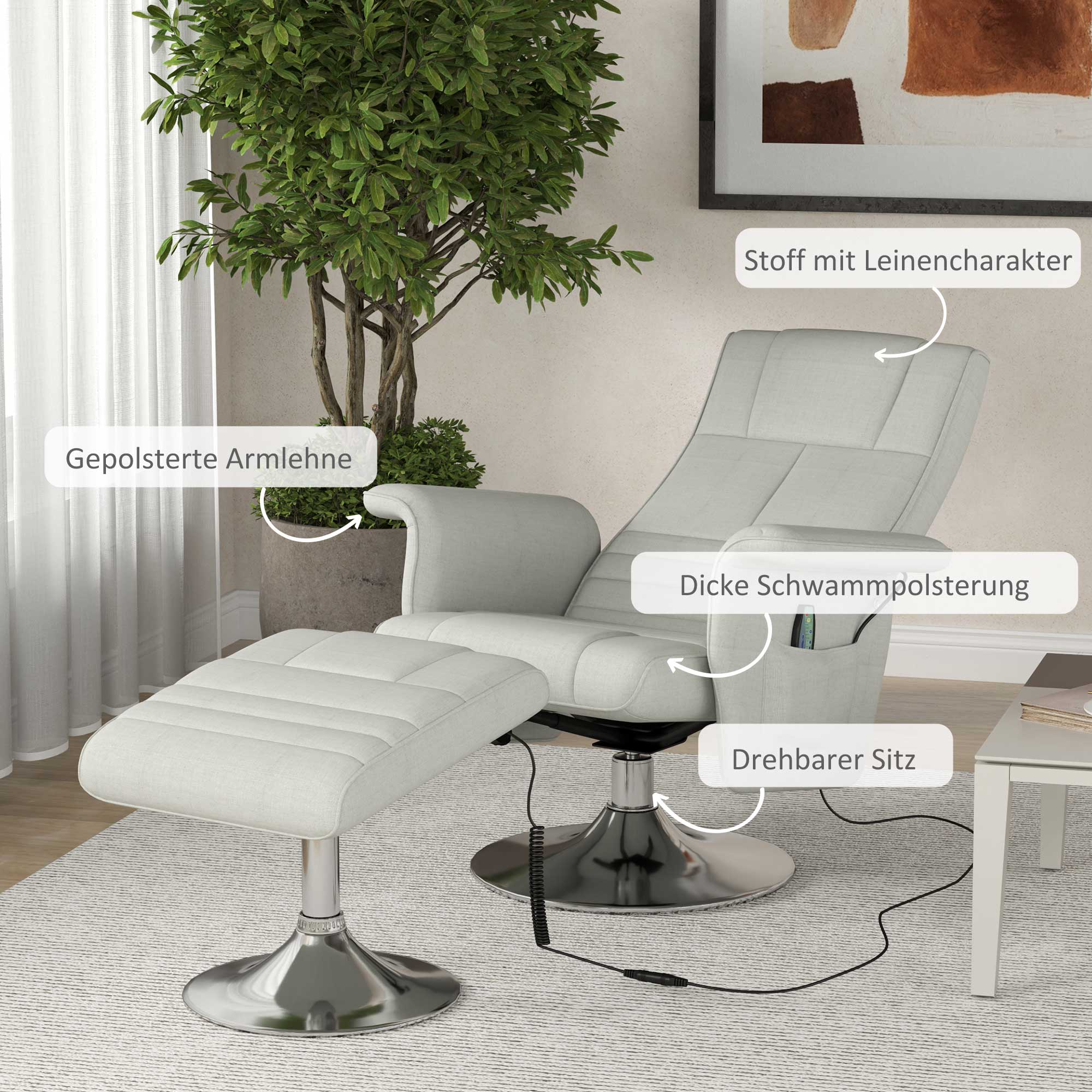 HOMCOM Massagestoel met Voetenbank, Kantelbare Rugleuning, 78 x 95 x 88 cm, Crème