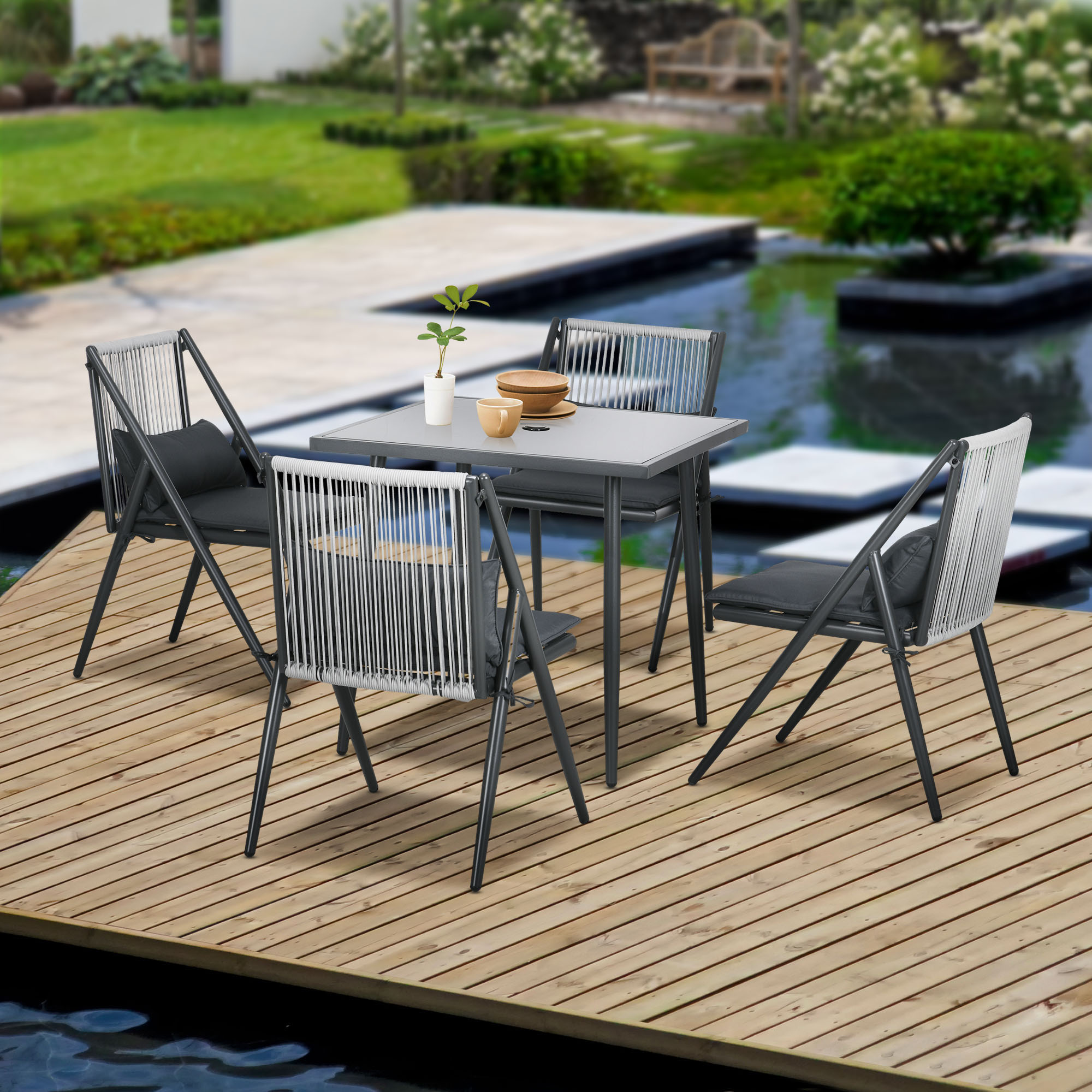 Outsunny 5-delige tuinmeubelset, tuinset, weerbestendig, 80 cm x 80 cm x 75 cm, donkergrijs