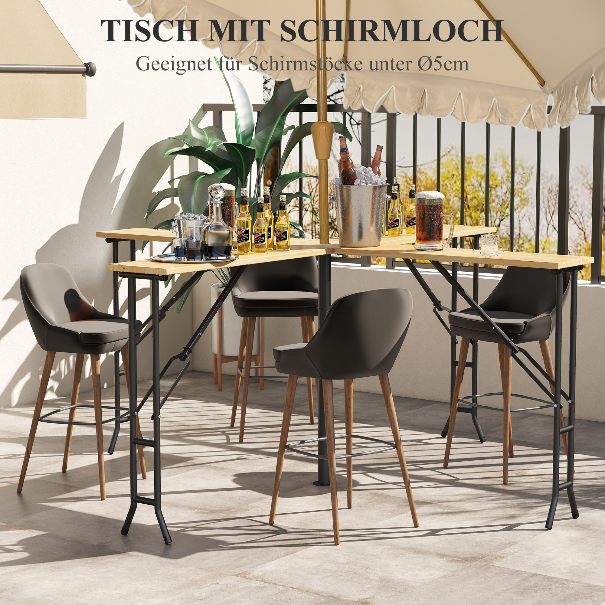 Outsunny Picknicktafel, Opvouwbare Buitentafel, voor 20 Personen, Weerbestendig, Metaal, Grenenhout, 2,4x2,4x1m, Natuur/Zwart