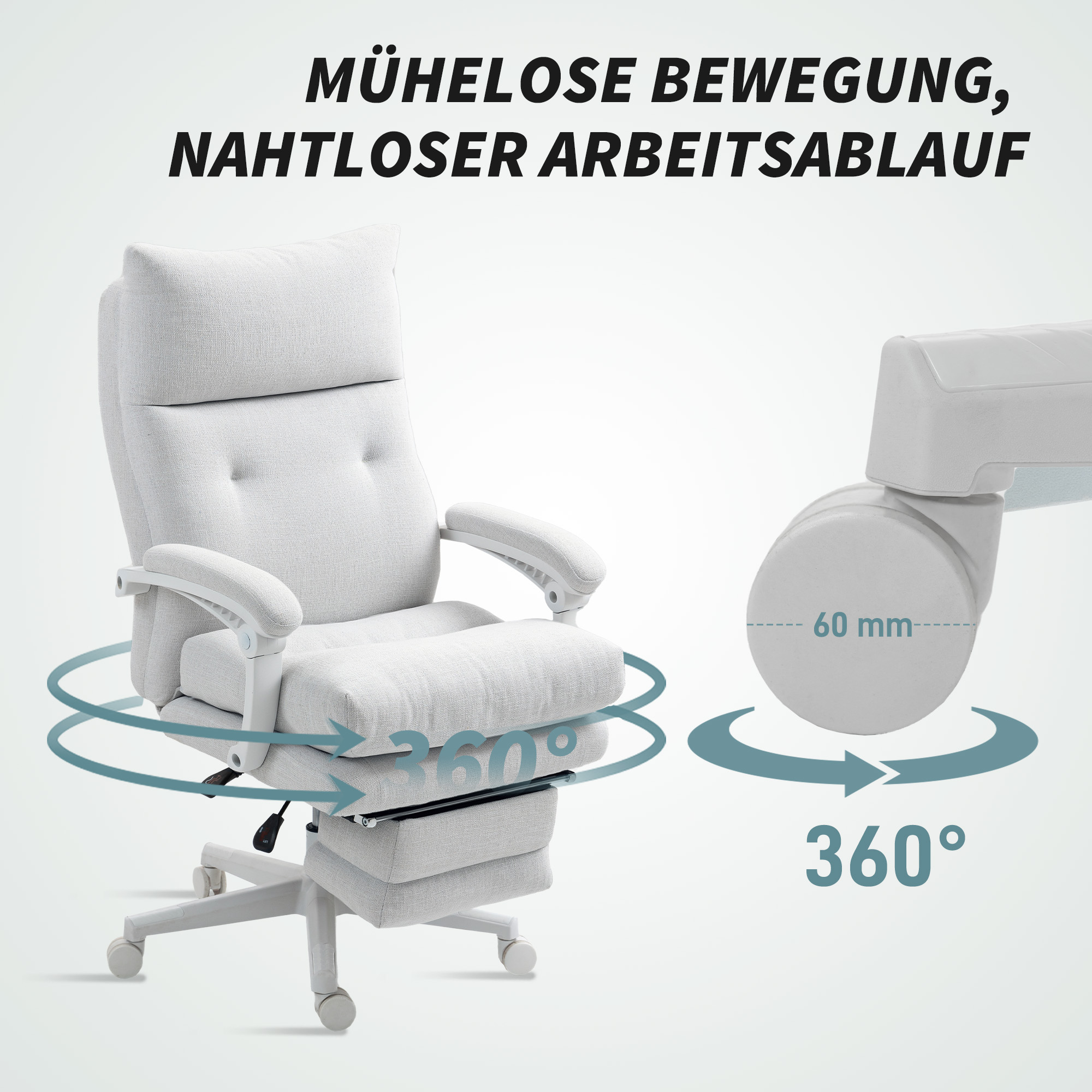 HOMCOM Draaistoel, Linnenlook, Hoogteverstelbaar, 160 Graden Kantelbaar, Voetsteun, Crèmewit