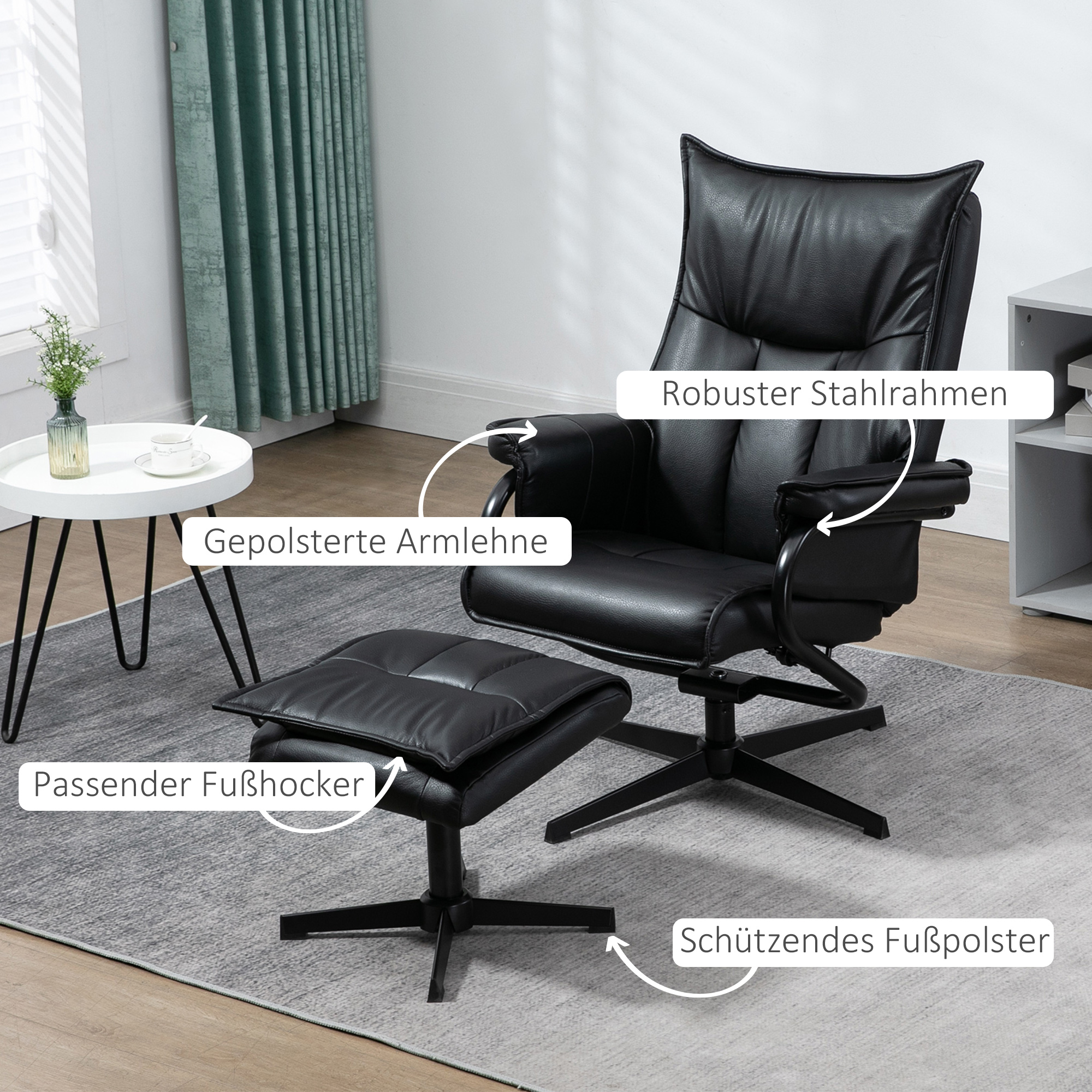 Homcom relaxfauteuil met kruk, draaibaar, verstelbare rugleuning, stalen frame, zwart