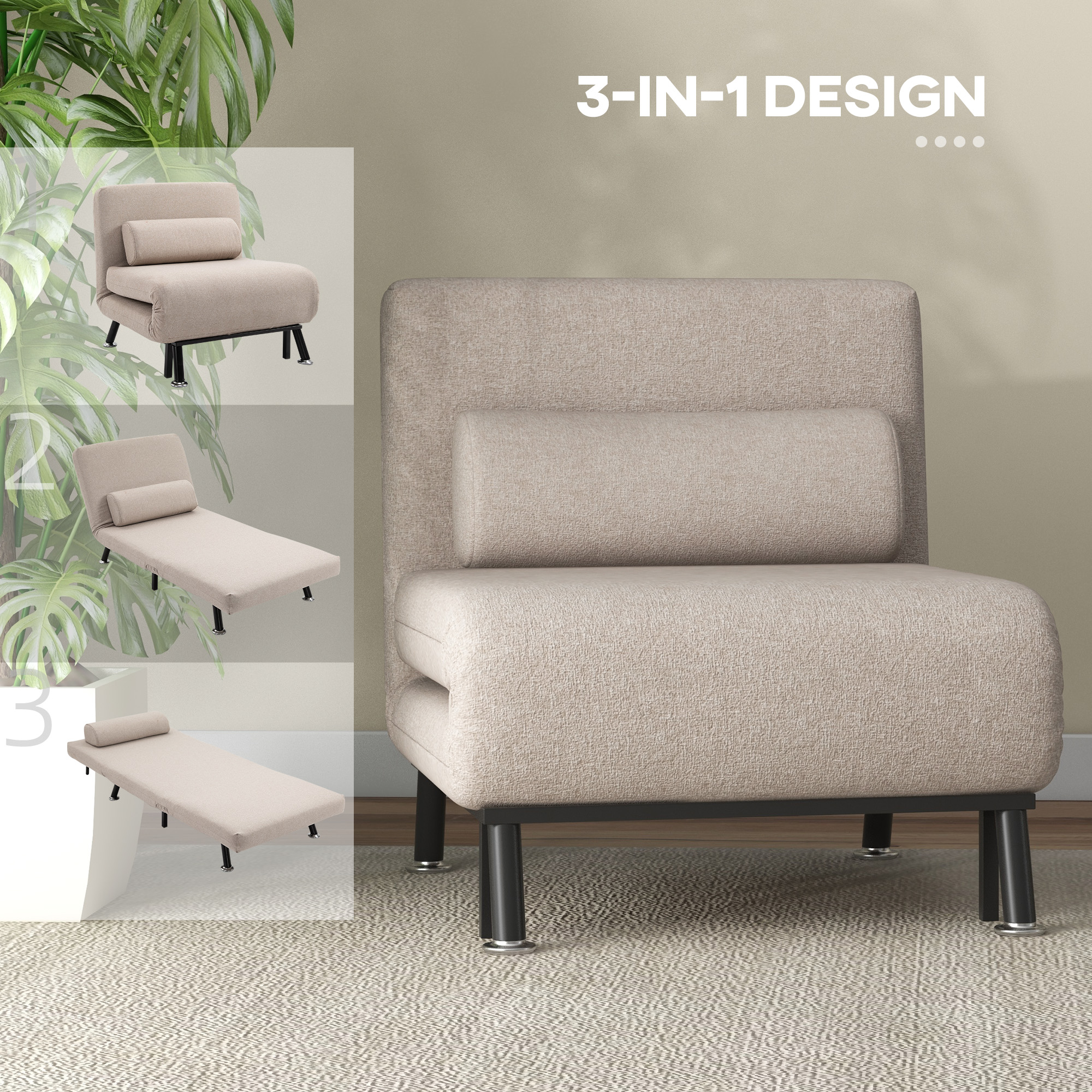 HOMCOM Opklapbare Stoel met Slaapfunctie, Opvouwbare Relaxstoel in Linnenlook, Verstelbare Rugleuning, 75 x 70 x 75 cm, Beige