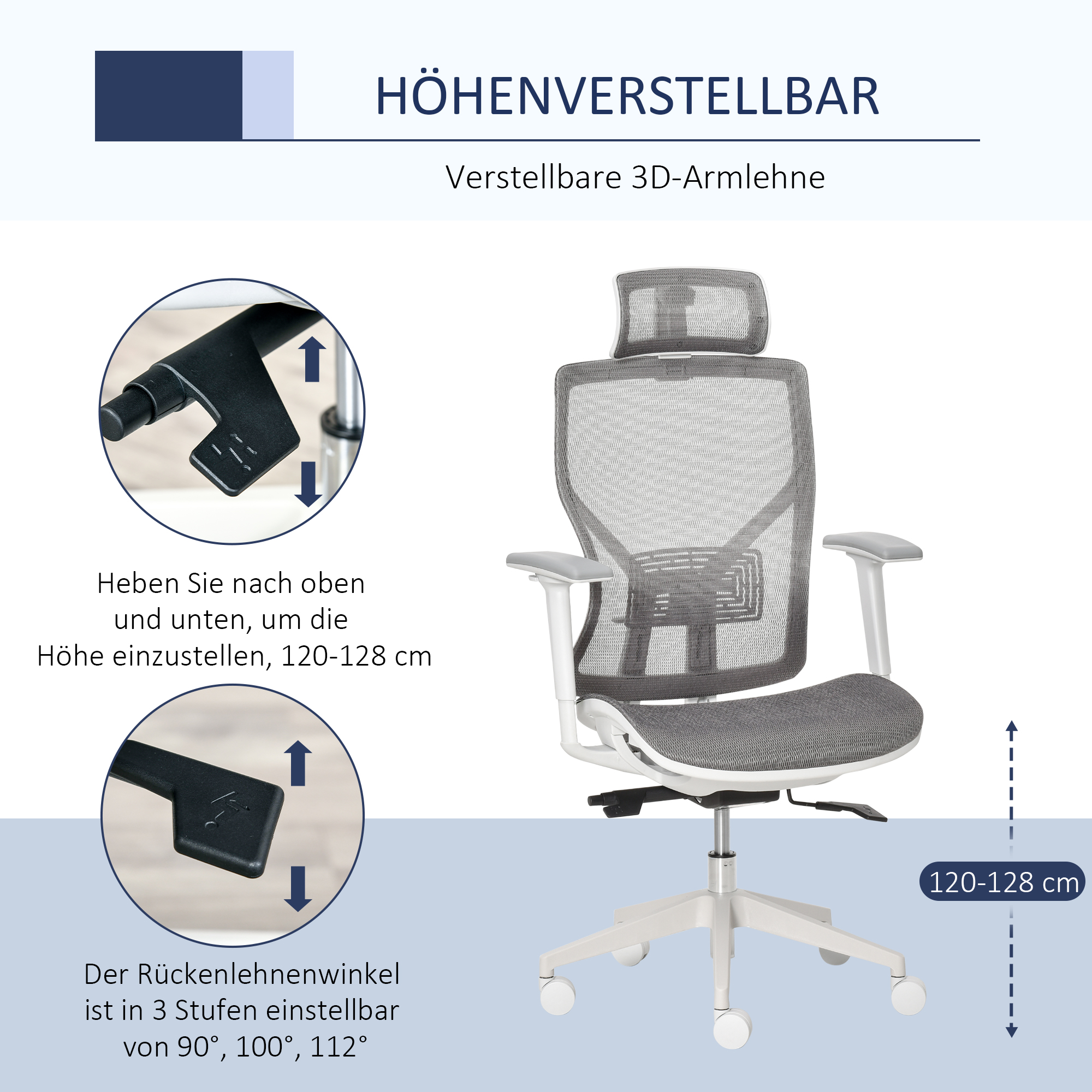 Vinsetto bureaustoel bureaustoel draaistoel gamestoel met hoofdsteun lendenkussen 3D-armleuning 3 niveaus 360 ° zwenkbare wielen, in hoogte verstelbaar ergonomische netstof schuimgrijs 67 x 65 x 120-128 cm