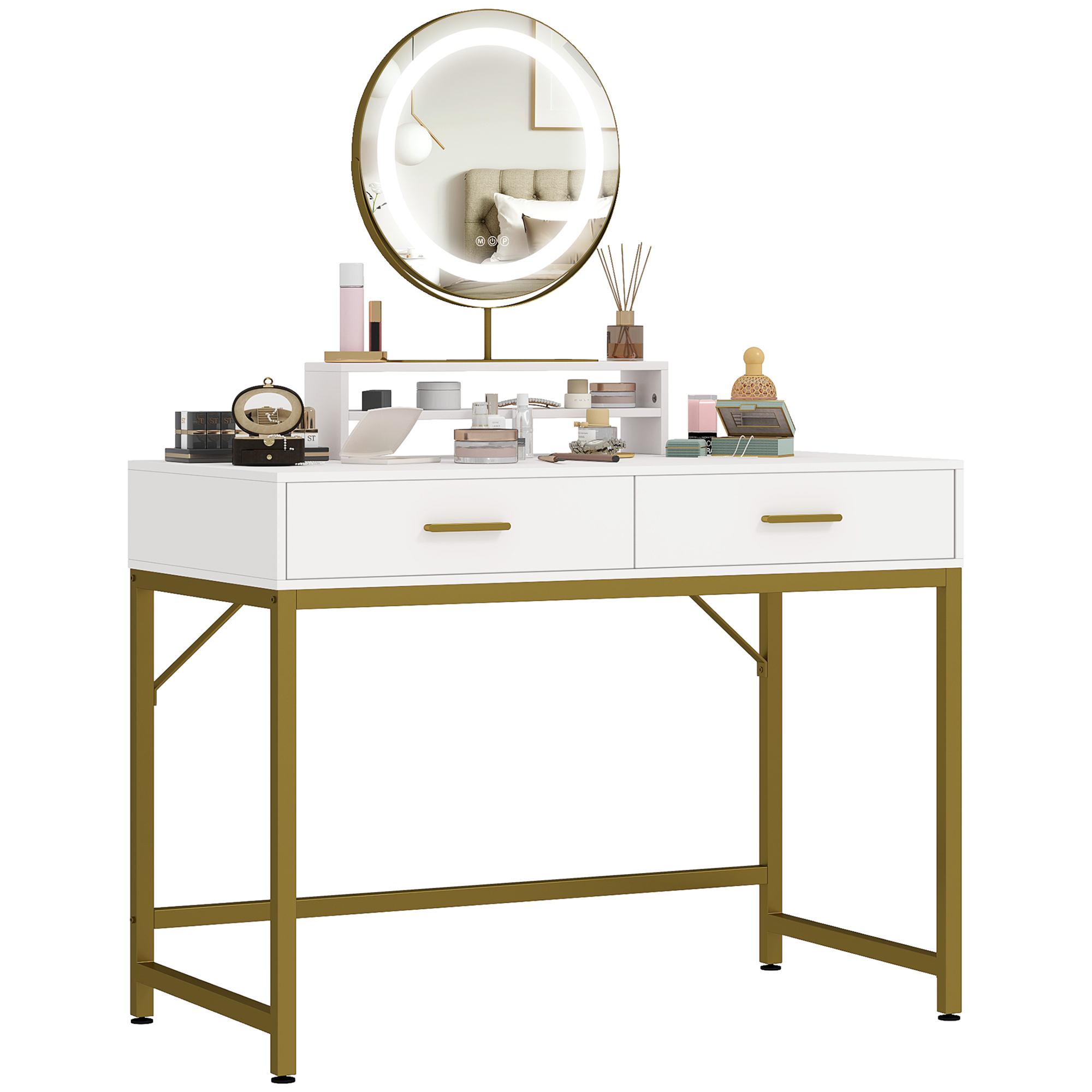HOMCOM Kaptafel met 360° Spiegel, LED-verlichting, 2 Laden, Wit/Goud