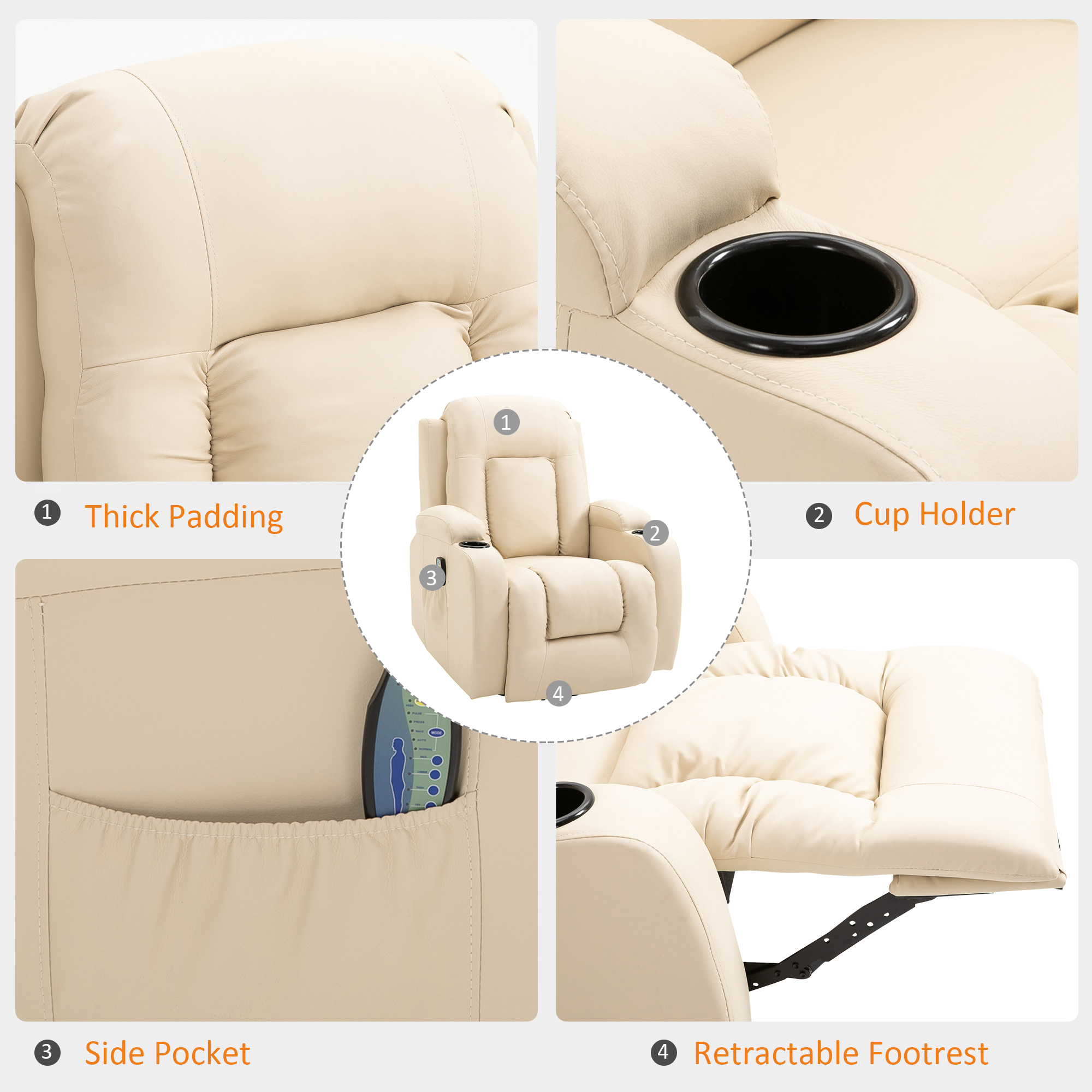 HOMCOM Massagestoel, relaxstoel, schommelfunctie, 8 vibratiepunten, inclusief afstandsbediening, zwart, crème