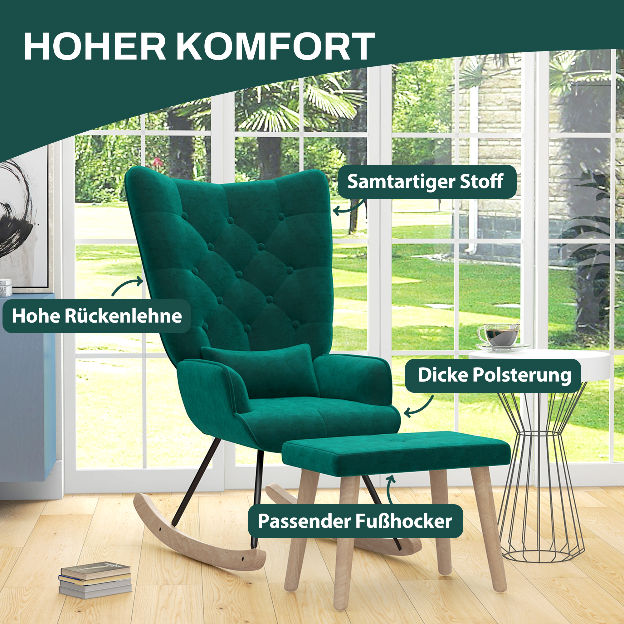 HOMCOM Schommelstoel met Poef, Gestoffeerd, Hoge Rugleuning, Fluweel Look, tot 150 kg, Groen
