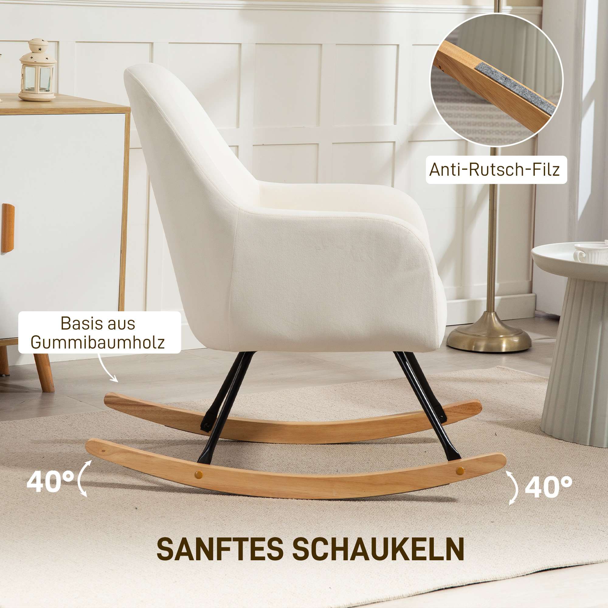 HOMCOM Schommelstoel, Zacht Fluweel Look Bekleding, Dikke Kussenvulling, Brede Rugleuning, Crèmewit