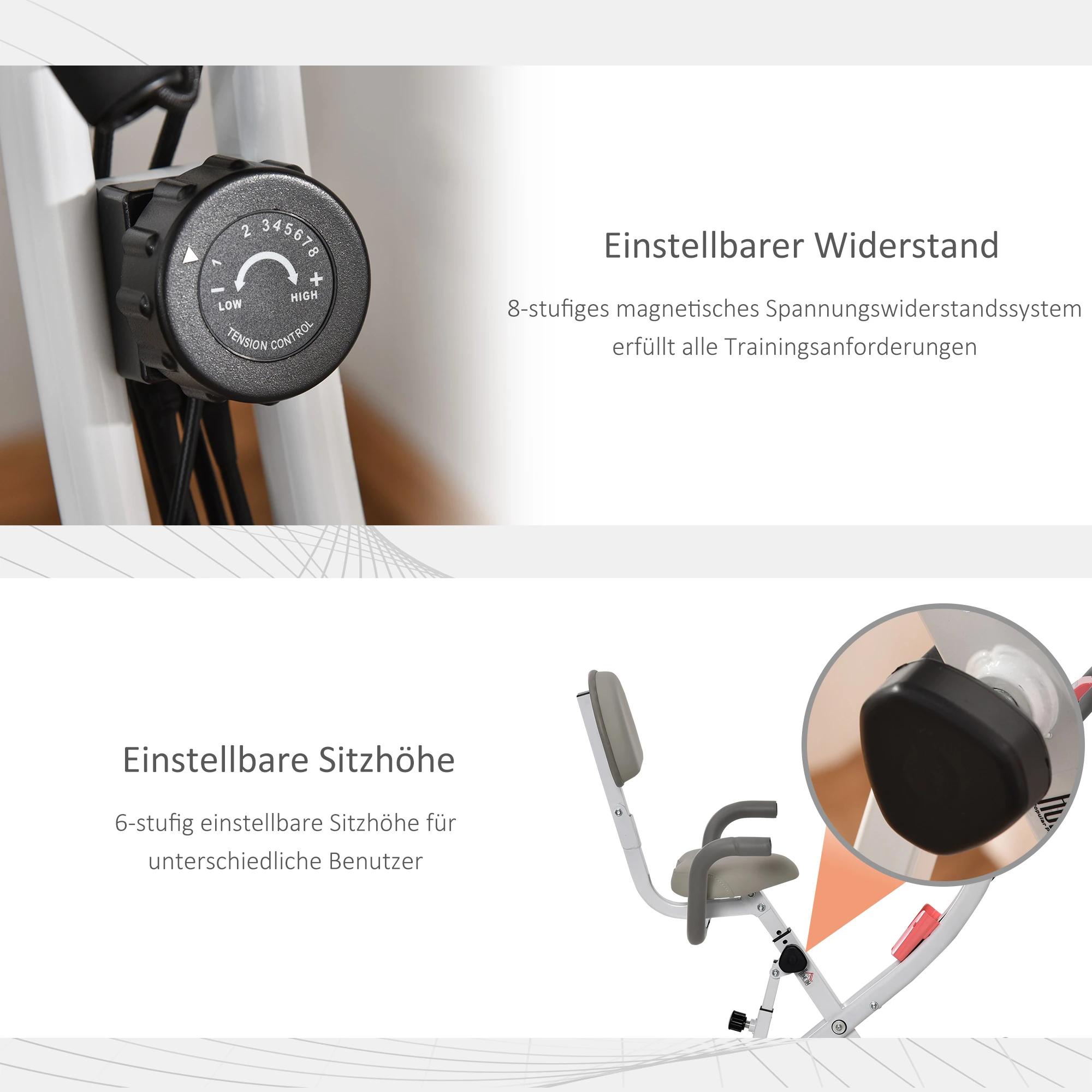 HOMCOM hometrainer 2-in-1 fietstrainer LCD display inklapbare hometrainer hometrainer met 8 niveaus instelbare magnetische weerstand en 1 paar spankoorden staal roze + wit 97 x 51 x 115 cm