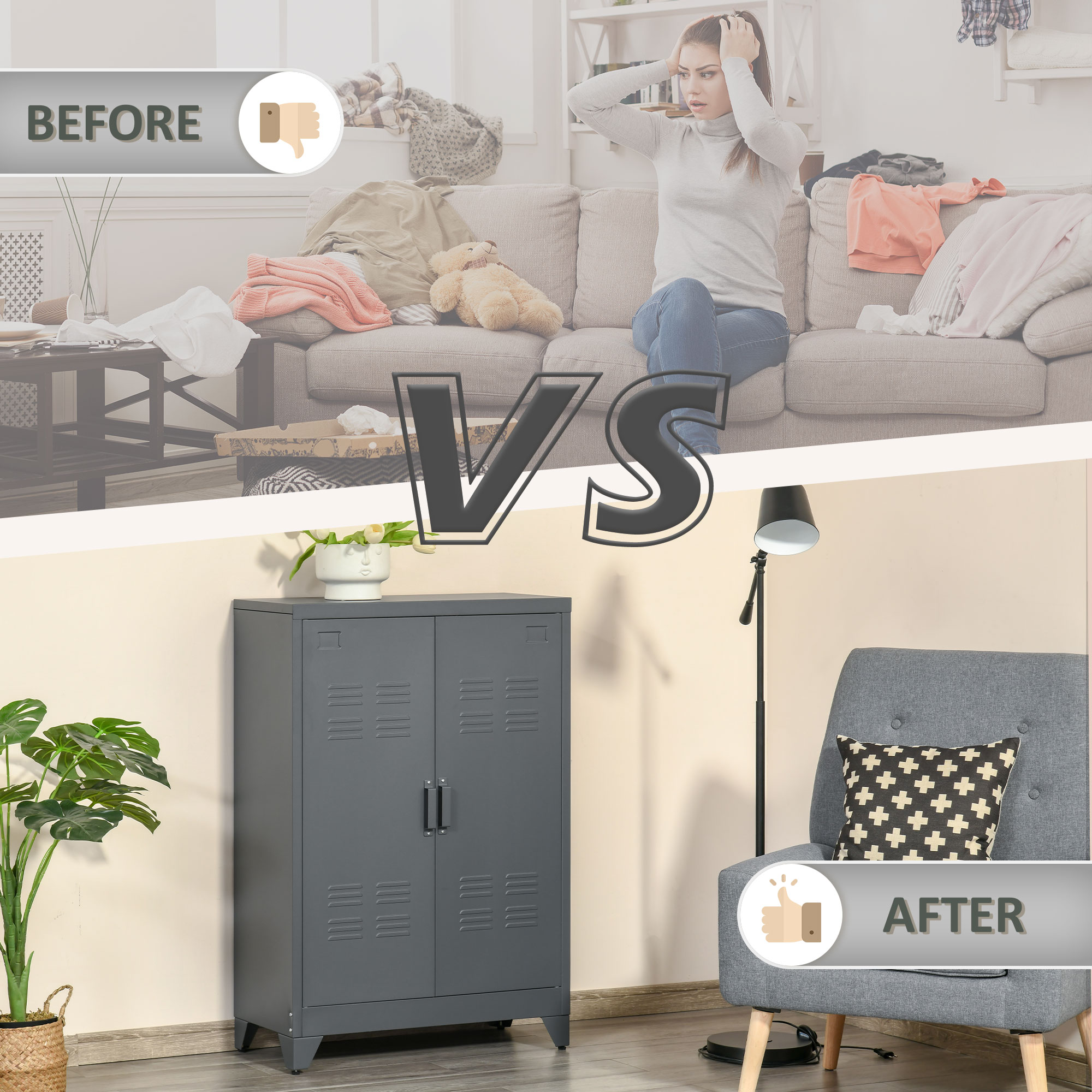 HOMCOM Dossierkast met Lamellendeuren, Opslagschrank, Metalen Schrank met 2 verstelbare planken, 75 x 33 x 110 cm, Grijs