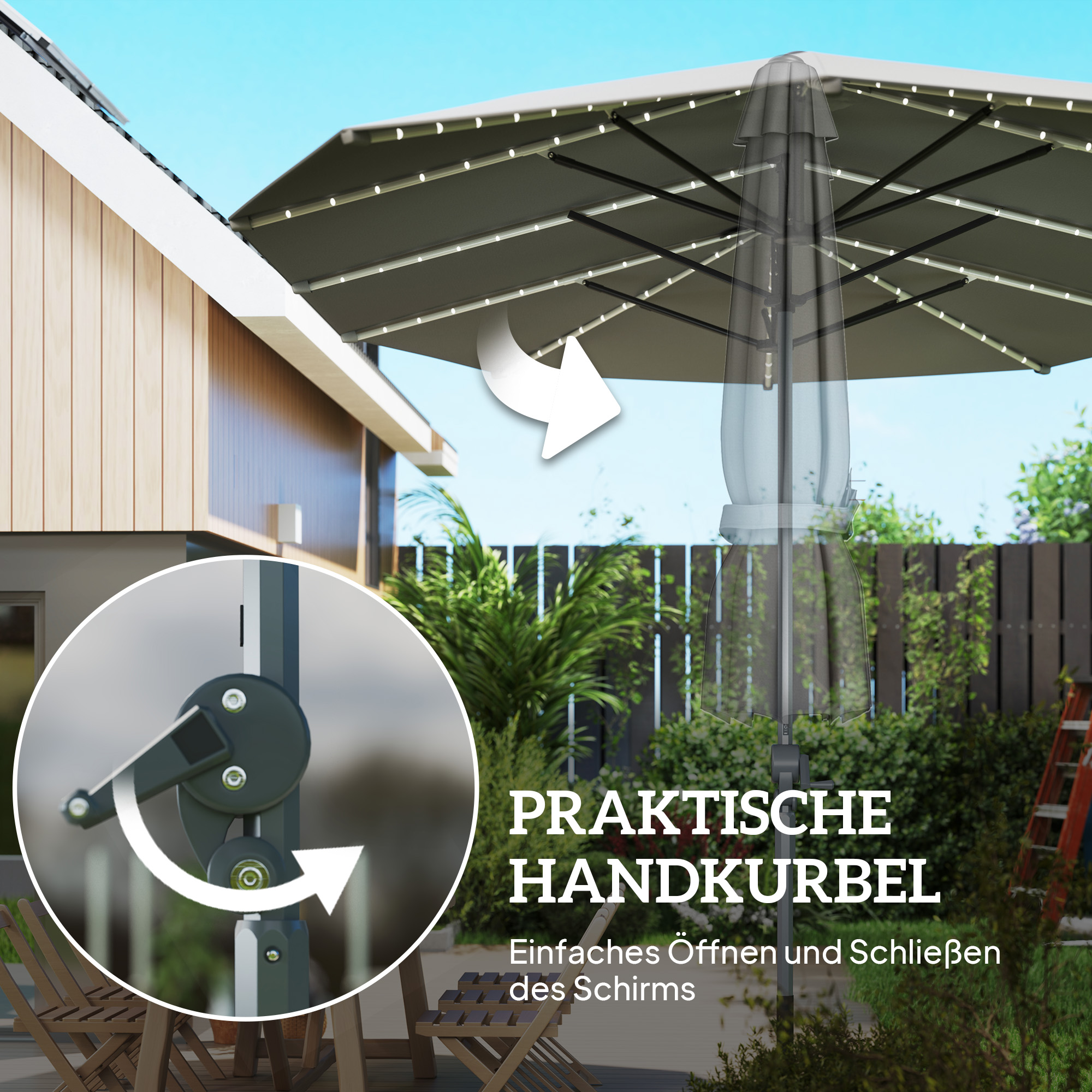 Outsunny Dubbele Parasol met Zonne-energie Verlichting, Aluminium, Polyester, UPF50+ Bescherming, UV-bestendig, Terras Parasol, Donkergrijs