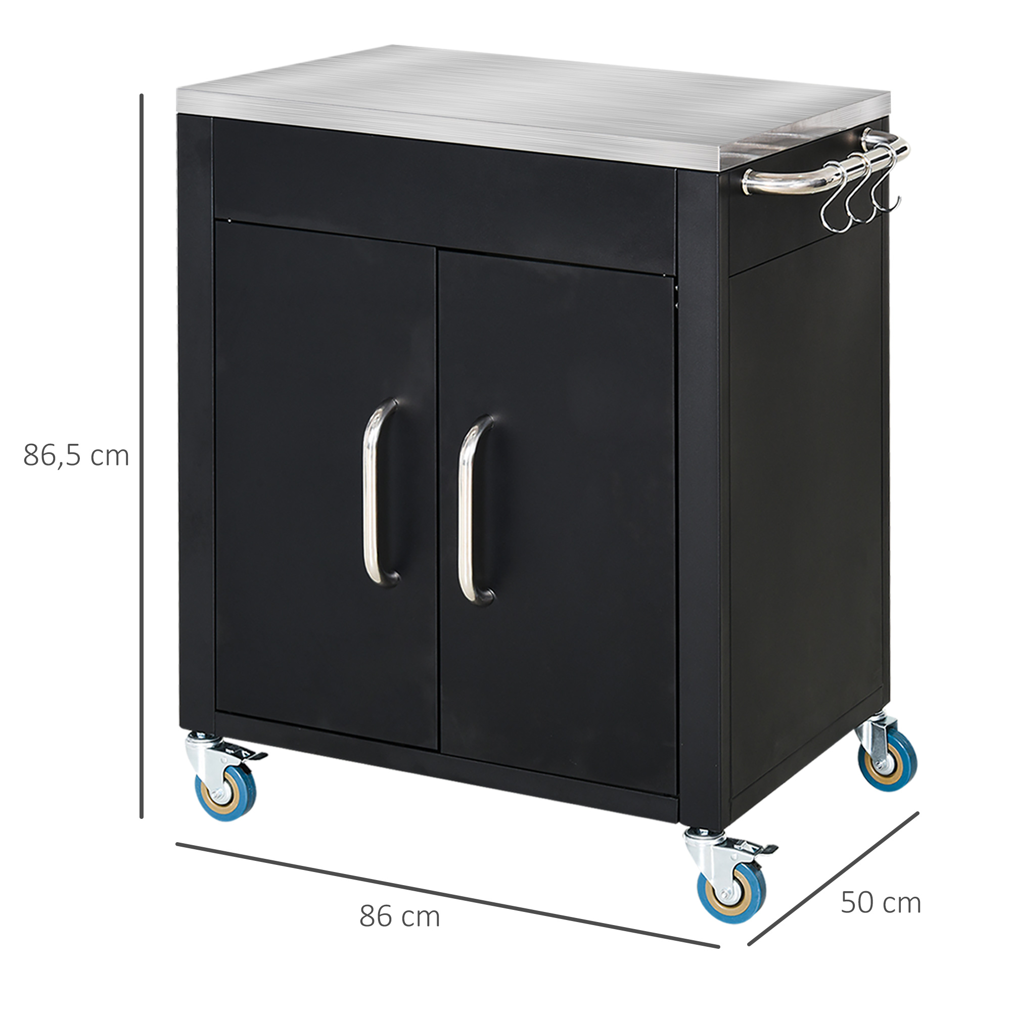 HOMCOM keukenwagen met wielen, serveerwagen, keukenhulp, rvs, zwart, 86 x 50 x 84,5 cm