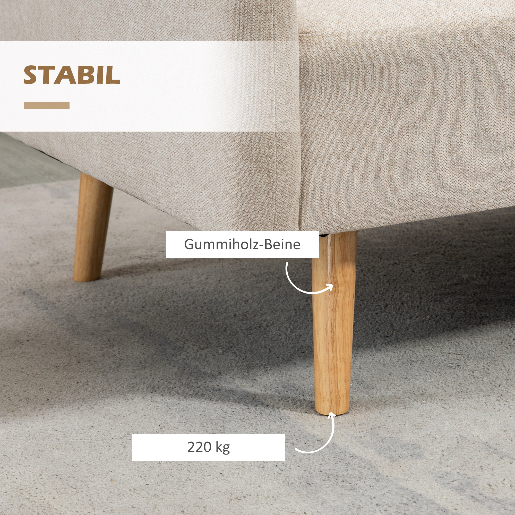HOMCOM 2-zitsbank, Moderne Design Bank, inclusief 2 kussens, houten poten, 130 x 70 x 80 cm, Crème