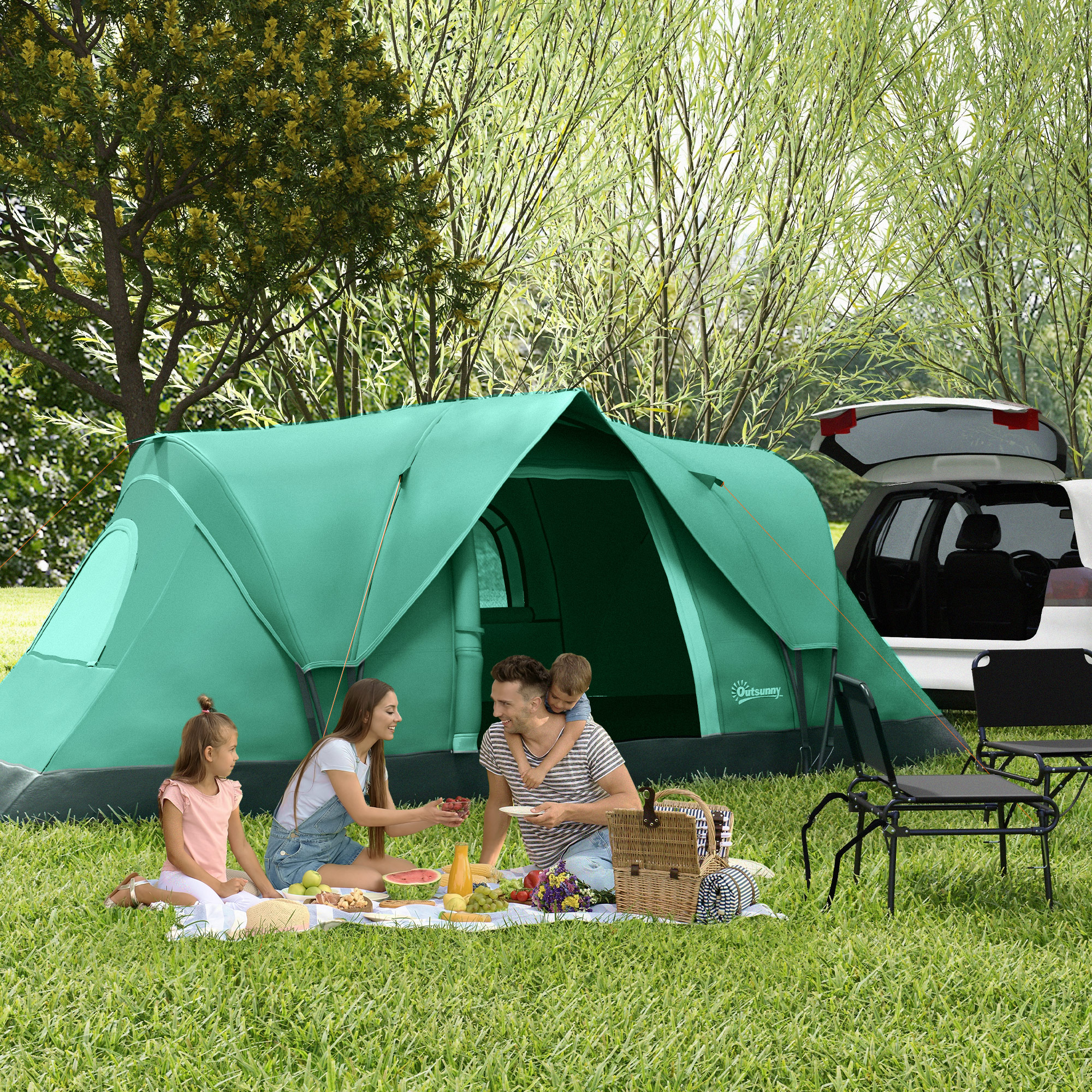 Outsunny Familietent voor 5-6 personen, met lampenhaak, zijvakken, 4,55x2,3x1,8m, Groen/Zwart
