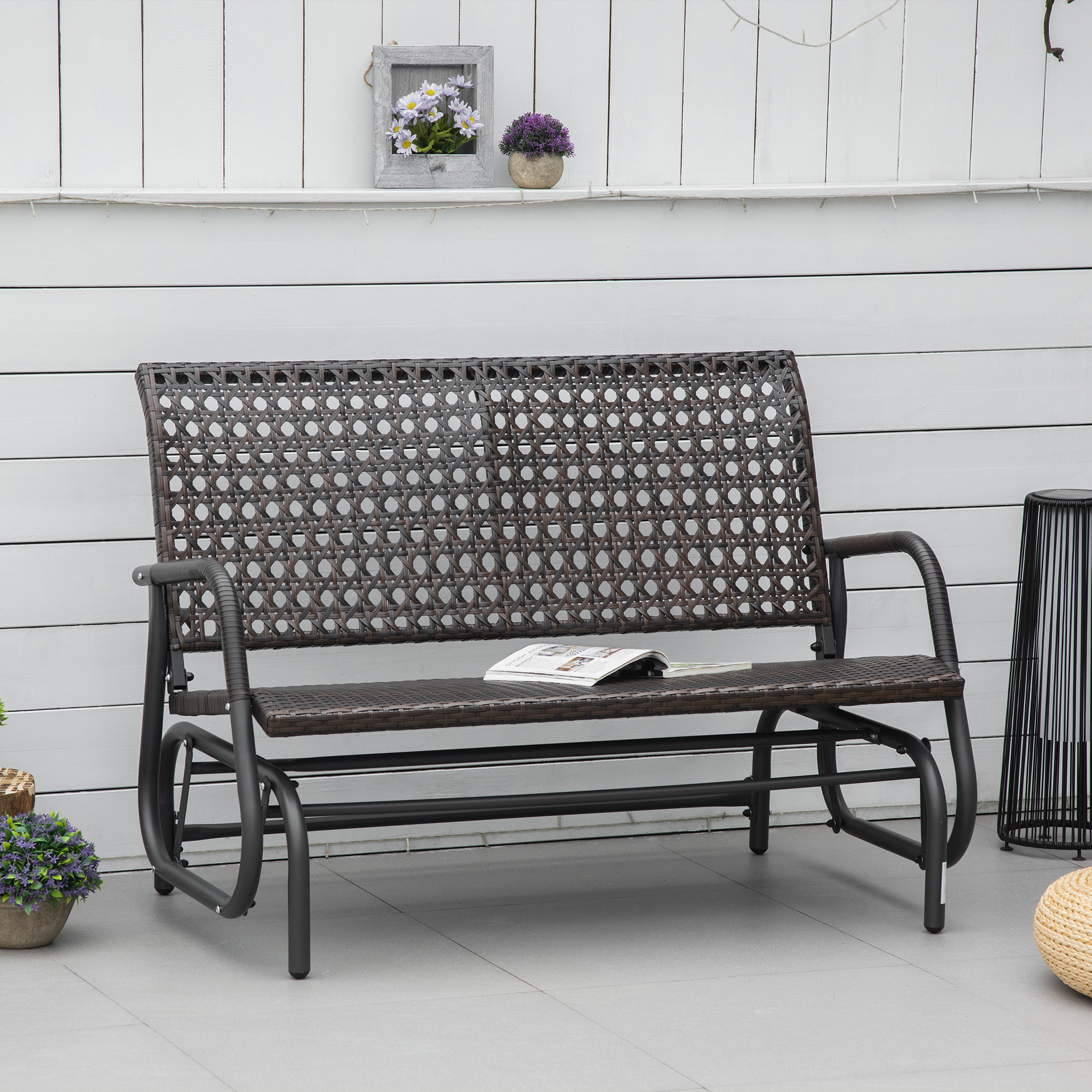 Outsunny schommelbank voor 2 personen in rotan look, staal+polyrattan, bruin+grijs, 70 x 120 x 84 cm