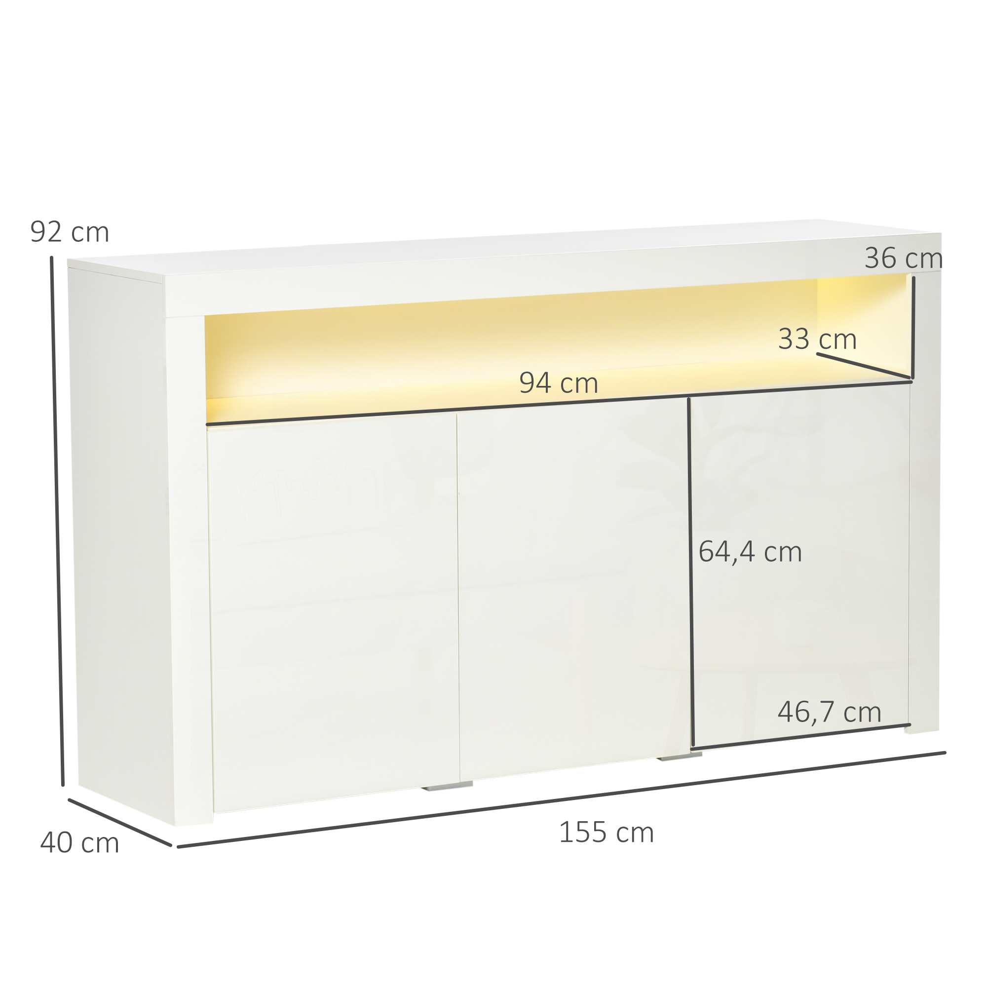 HOMCOM dressoir hoogglans voorraadkast keukenkast met led-verlichting en glazen plank voor entree eetkamer woonkamer Materiaal MDF en spaanplaat wit 97 x 35 x 83 cm