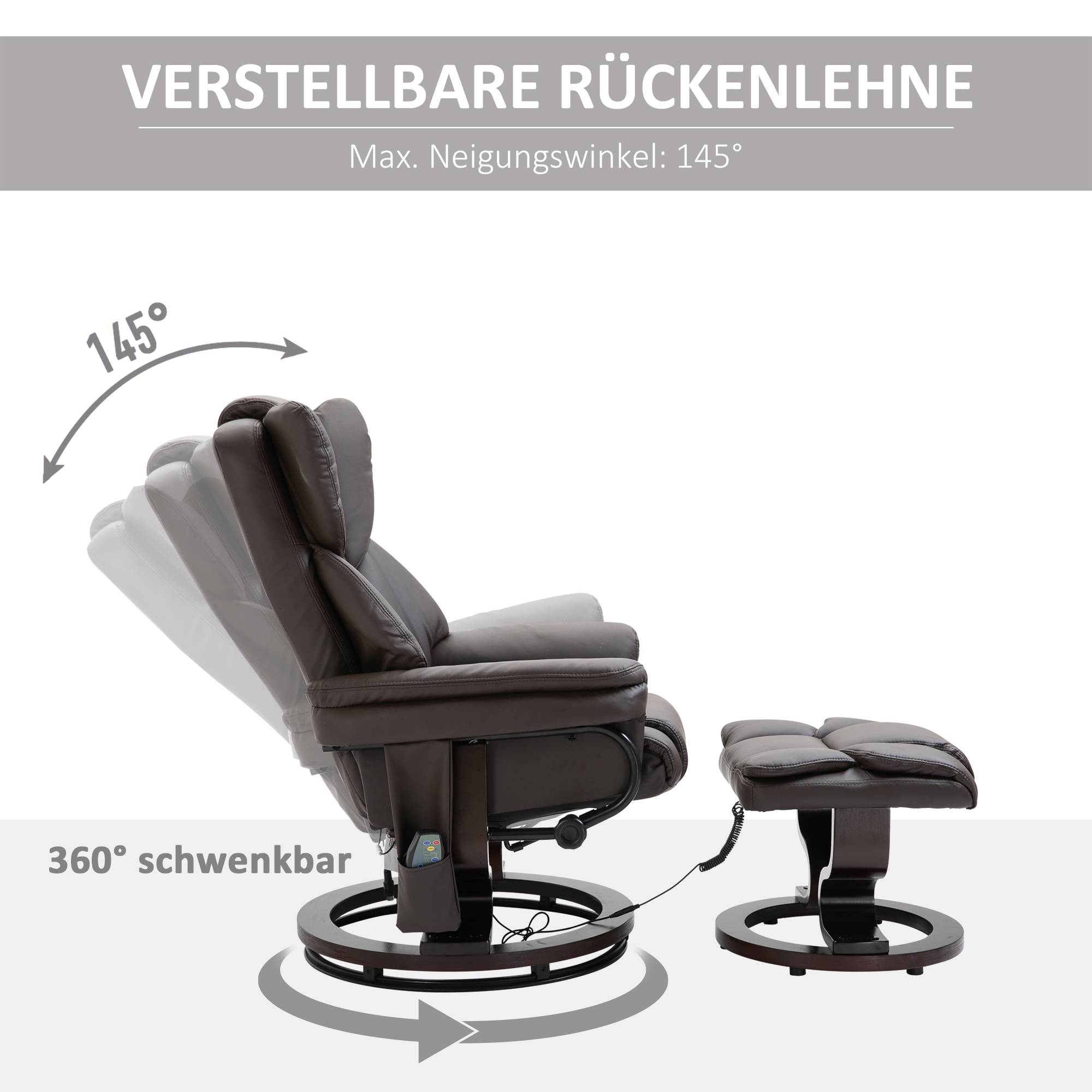 HOMCOM massagestoel met voetenbank relaxstoel kantelbaar tot 145° kunstleer bruin 79 x 82 x 101 cm