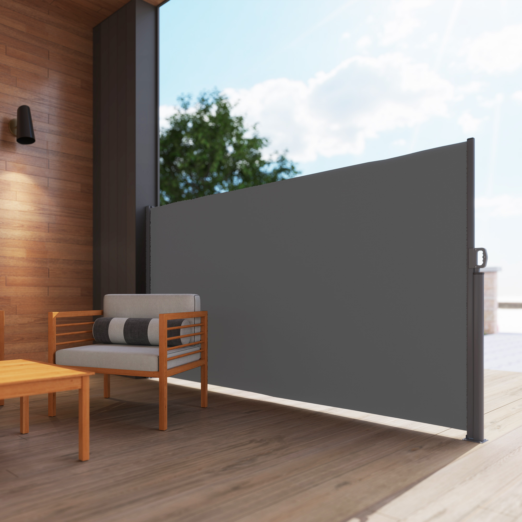 Outsunny Uittrekbare Zijluifel Privacyscherm met Muurbevestiging, UV-& waterbestendig 300x180cm in Donkergrijs