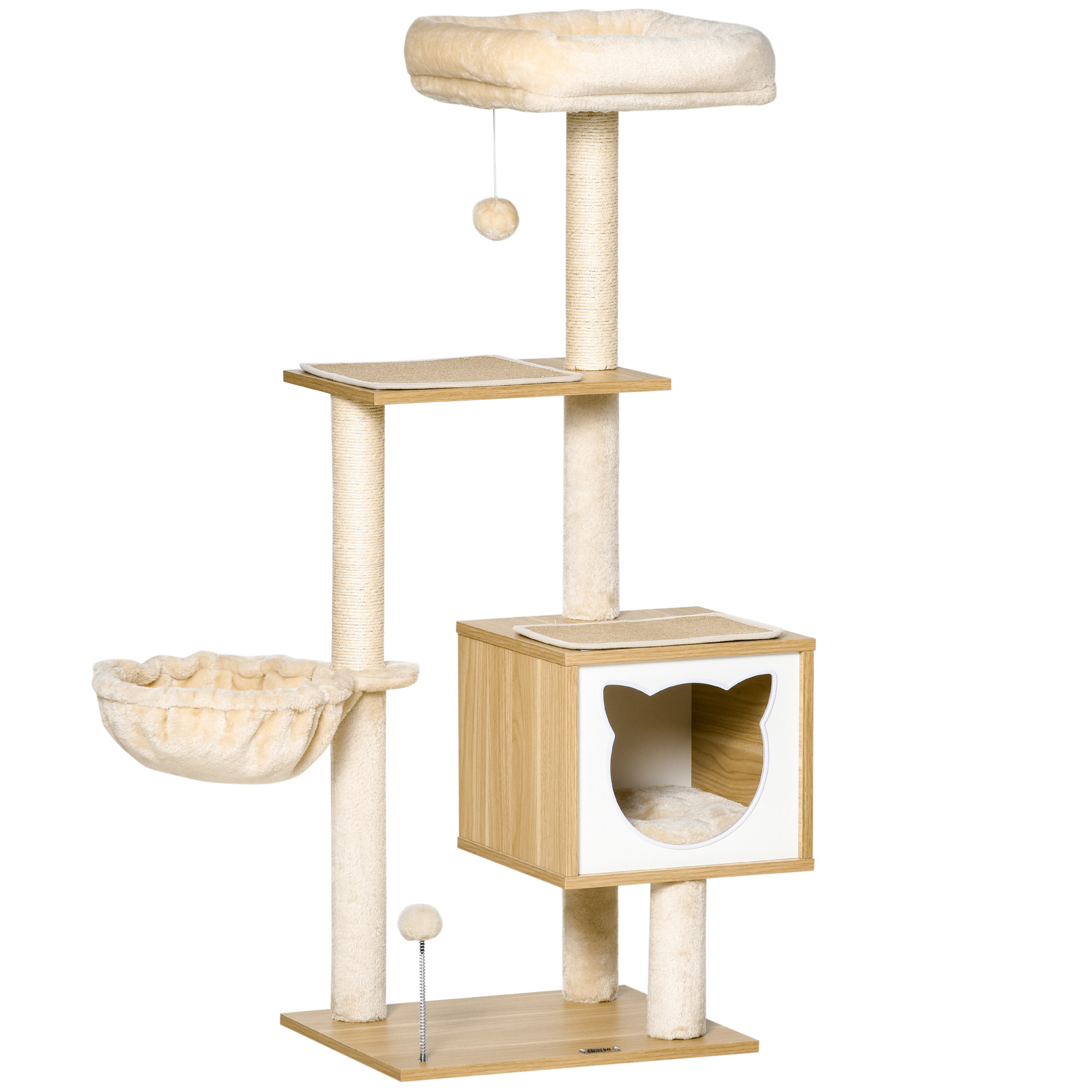 PawHut kattenkrabpaal kattenspeelgoed klimboom spaanplaat sisal kort pluche beige 48 x 40 x 126 cm