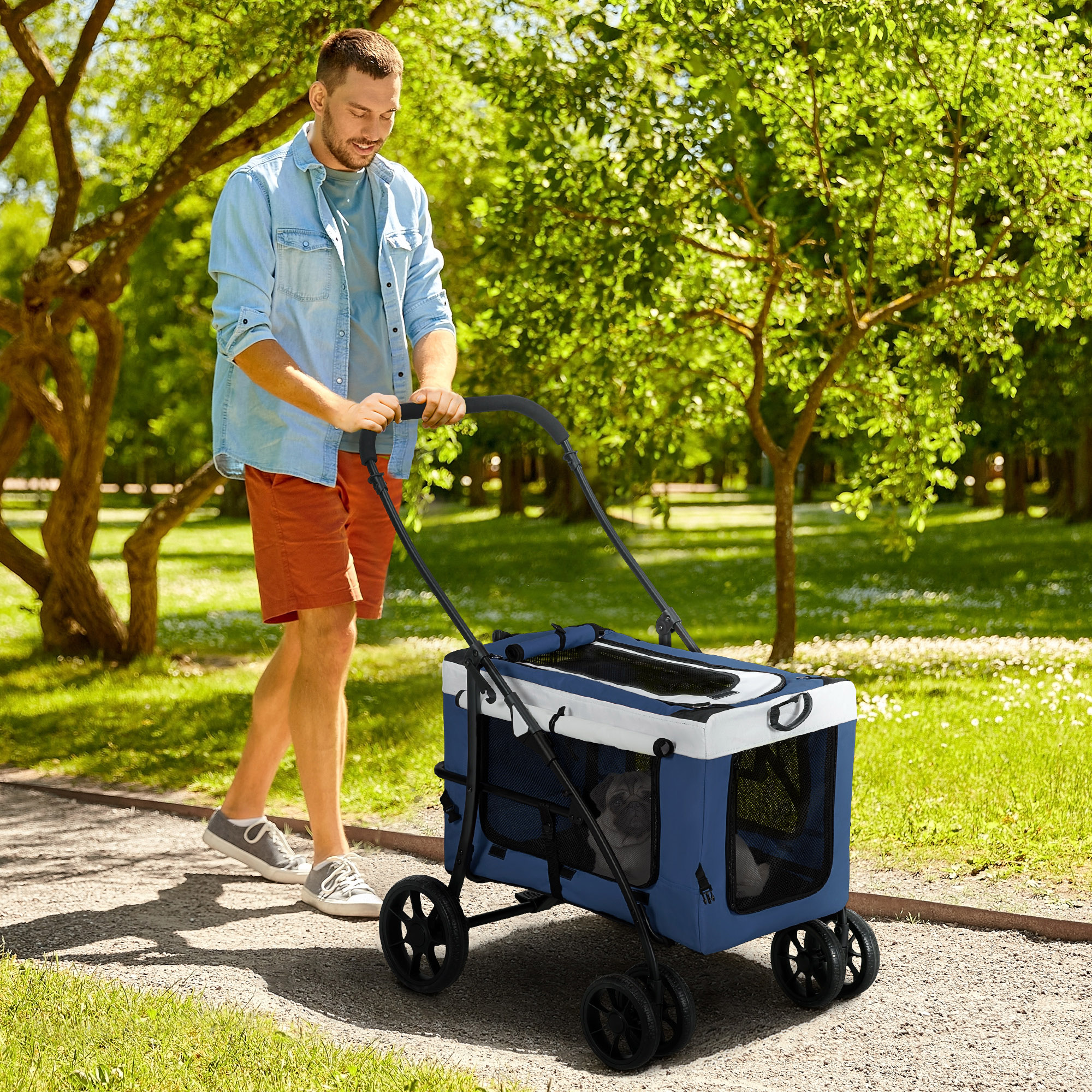 PawHut Hondenbuggy Huisdierbuggy Hondenkar, inklapbaar, afneembare mand, 81 x 58 x 97,5 cm, Zwart + Blauw + Wit