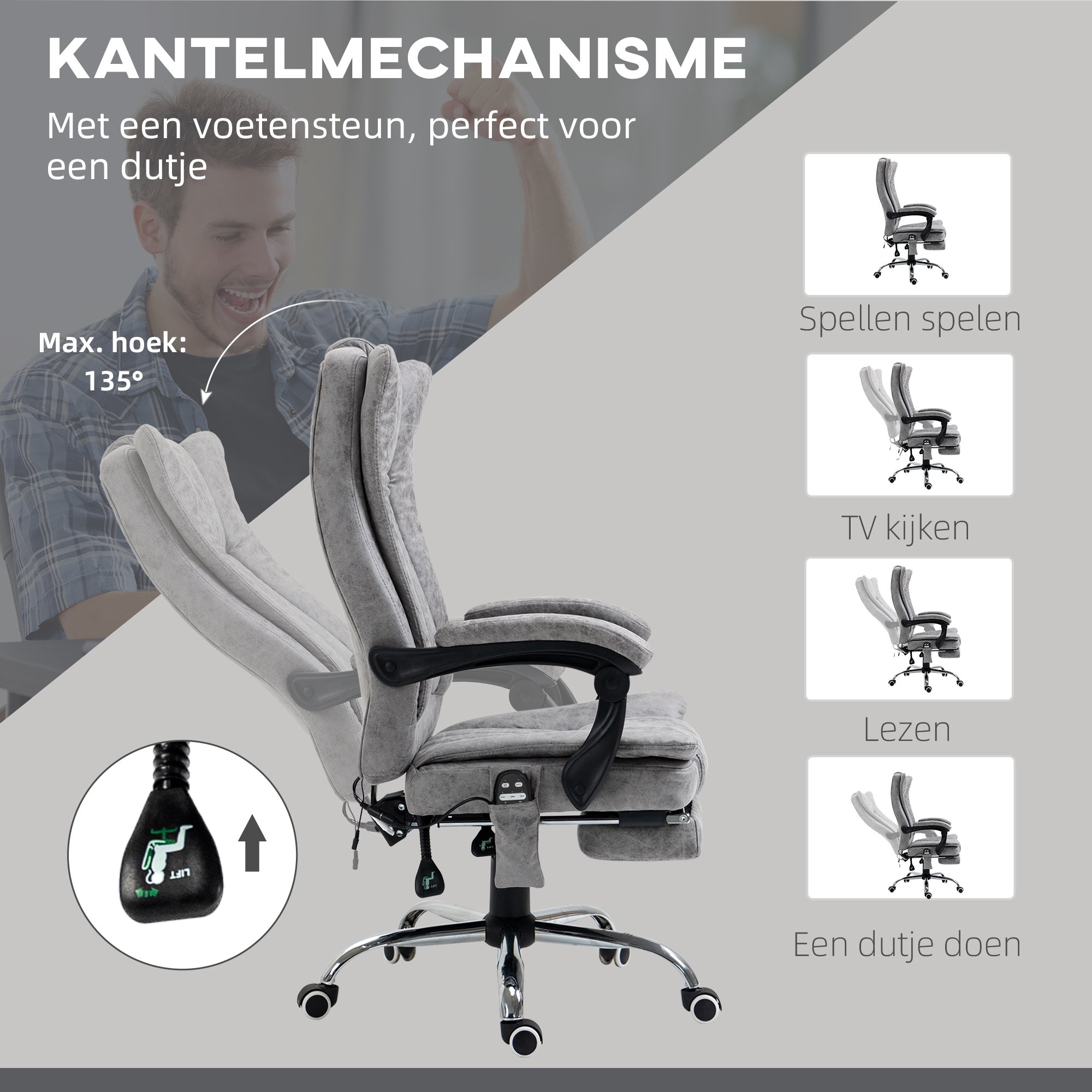 HOMCOM Bureaustoel massagestoel verwarmingsfunctie ligfunctie voetensteun grijs