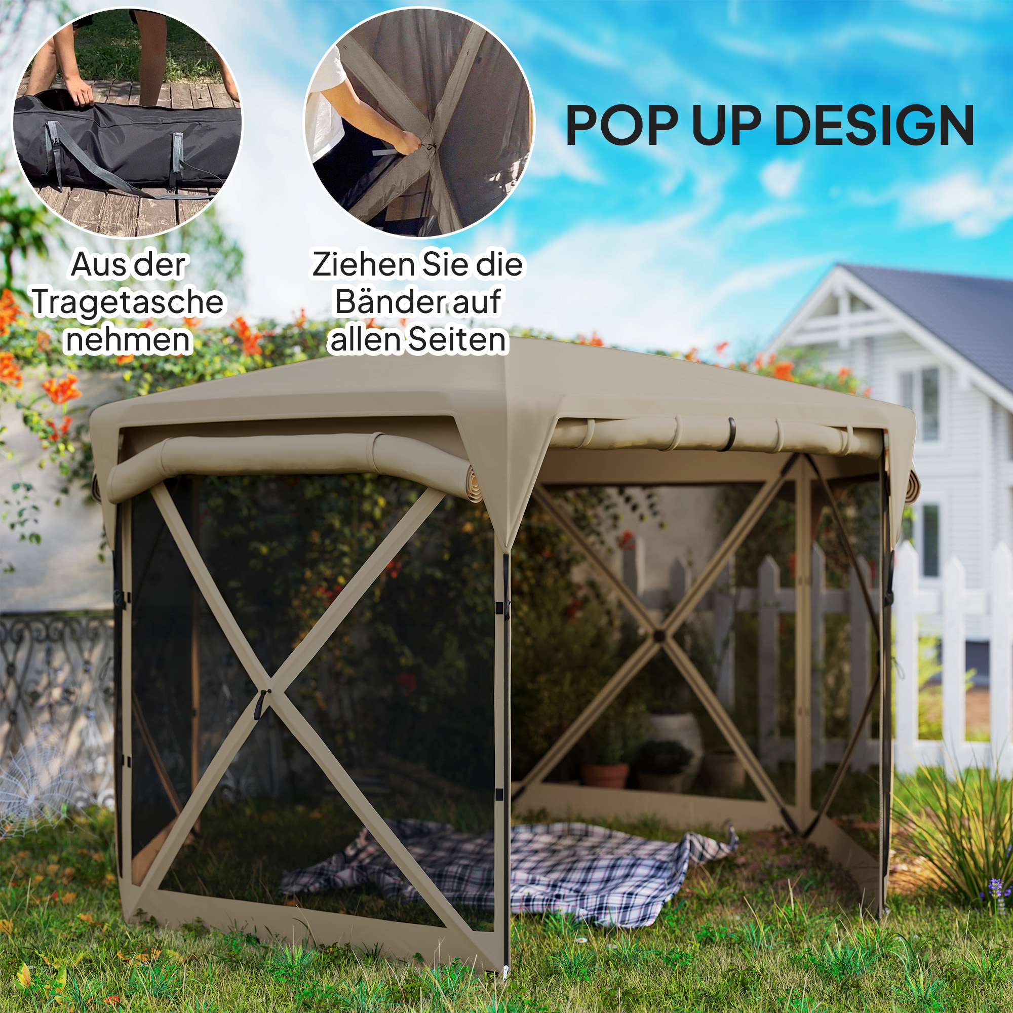 Outsunny 3 x 3,5 Pop-up Tuinpaviljoen met UPF30+ Bescherming, Netwanden, Draagtas, voor Tuinfeesten, Camping, Khaki