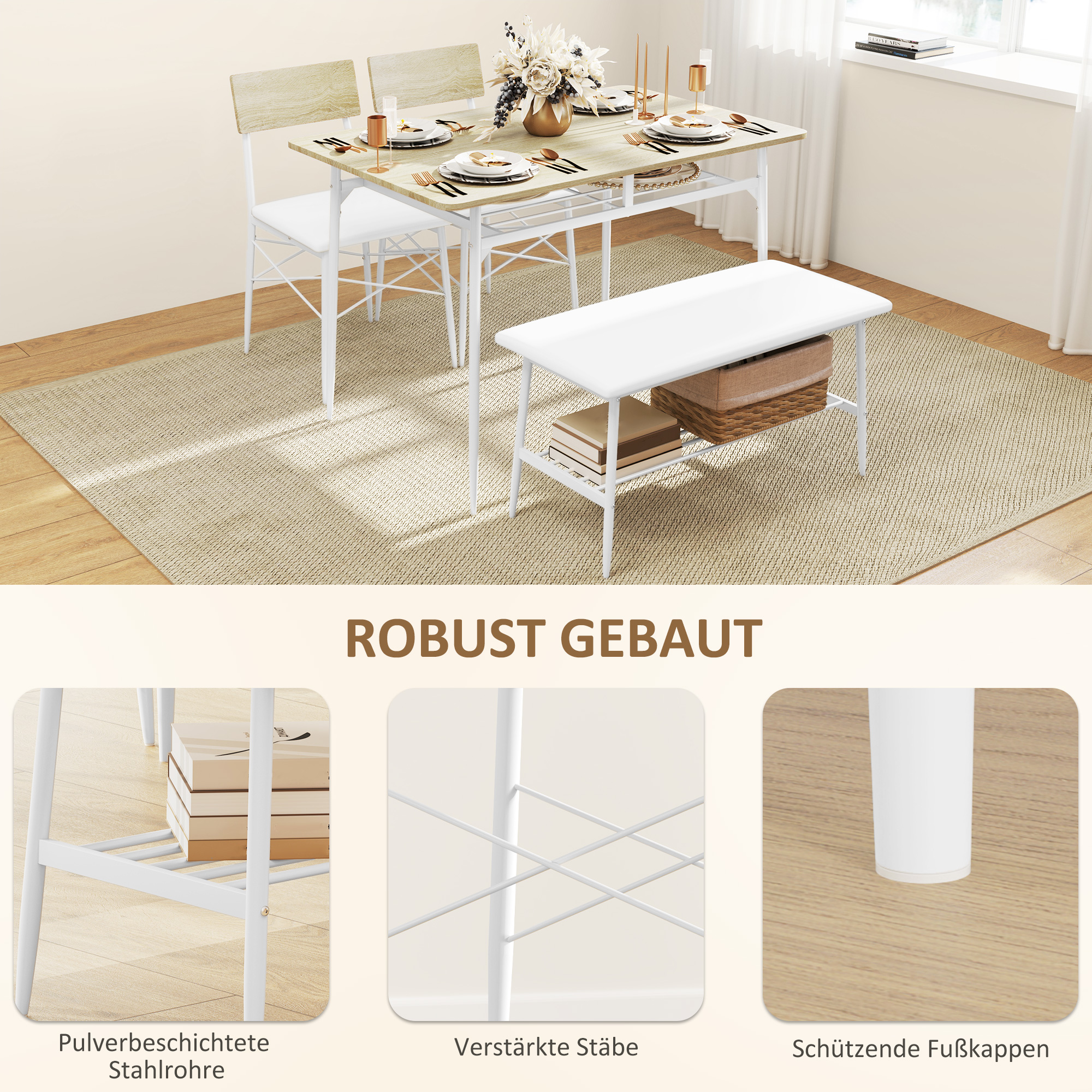 HOMCOM 4-delige Eettafelset met Stoelen en Bank voor 4 Personen, Gepolsterde Zittingen, Staalframe, Hout, Wit