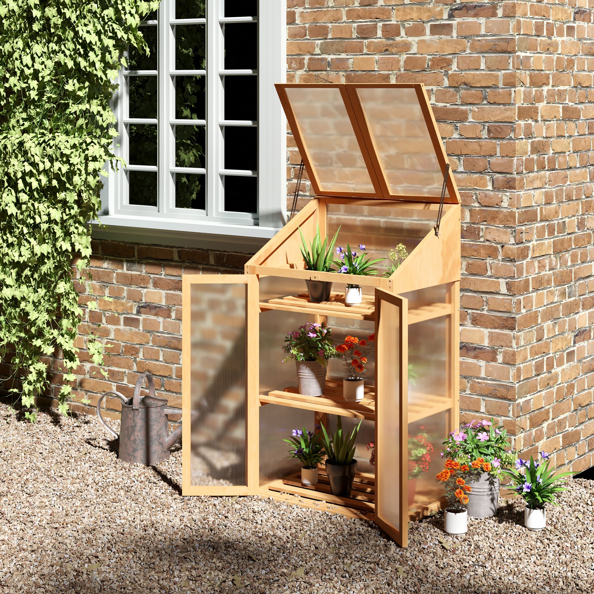 Outsunny Mini-kas, Klein Kas met Houten Frame, Vensters en Dubbele Deur, 3 Planken, 70L x 50B x 120H cm, Bruin