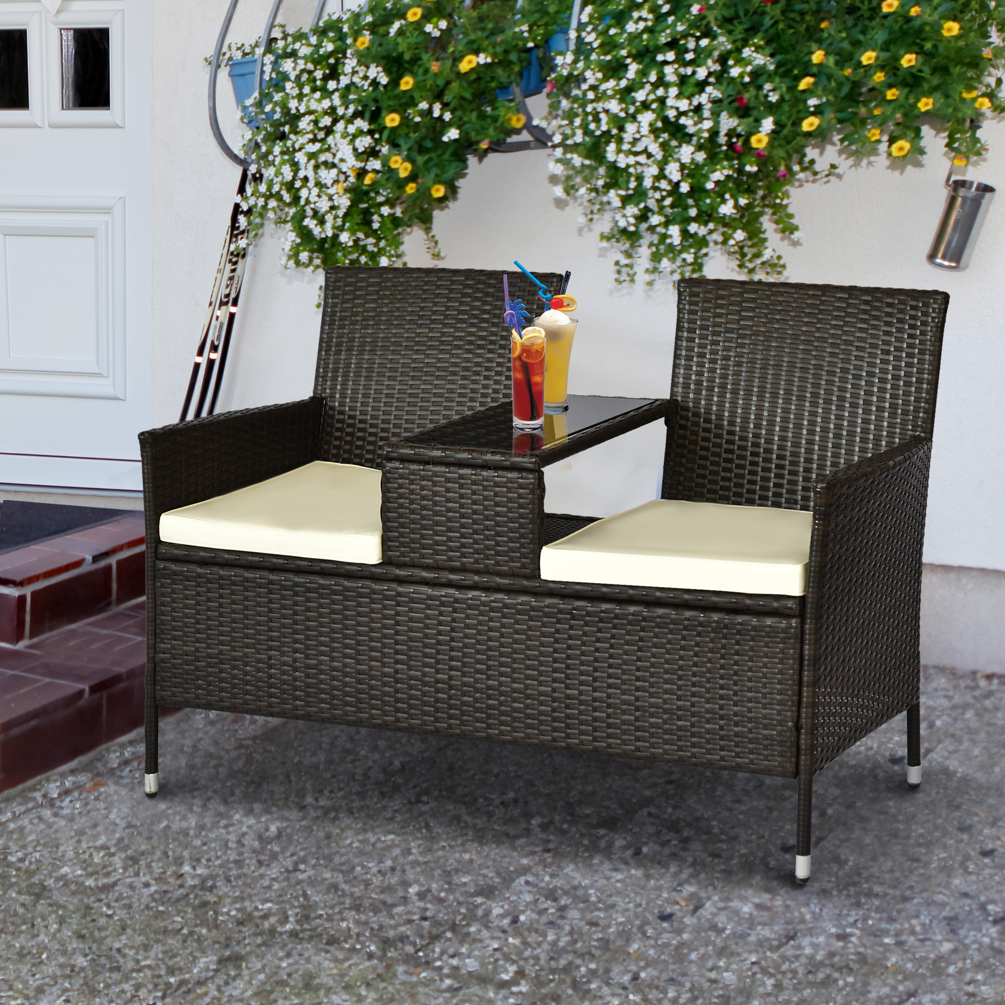 Outsunny Poly-rotan tuinbank met tafel tuinbank bank 2-zits staal bruin