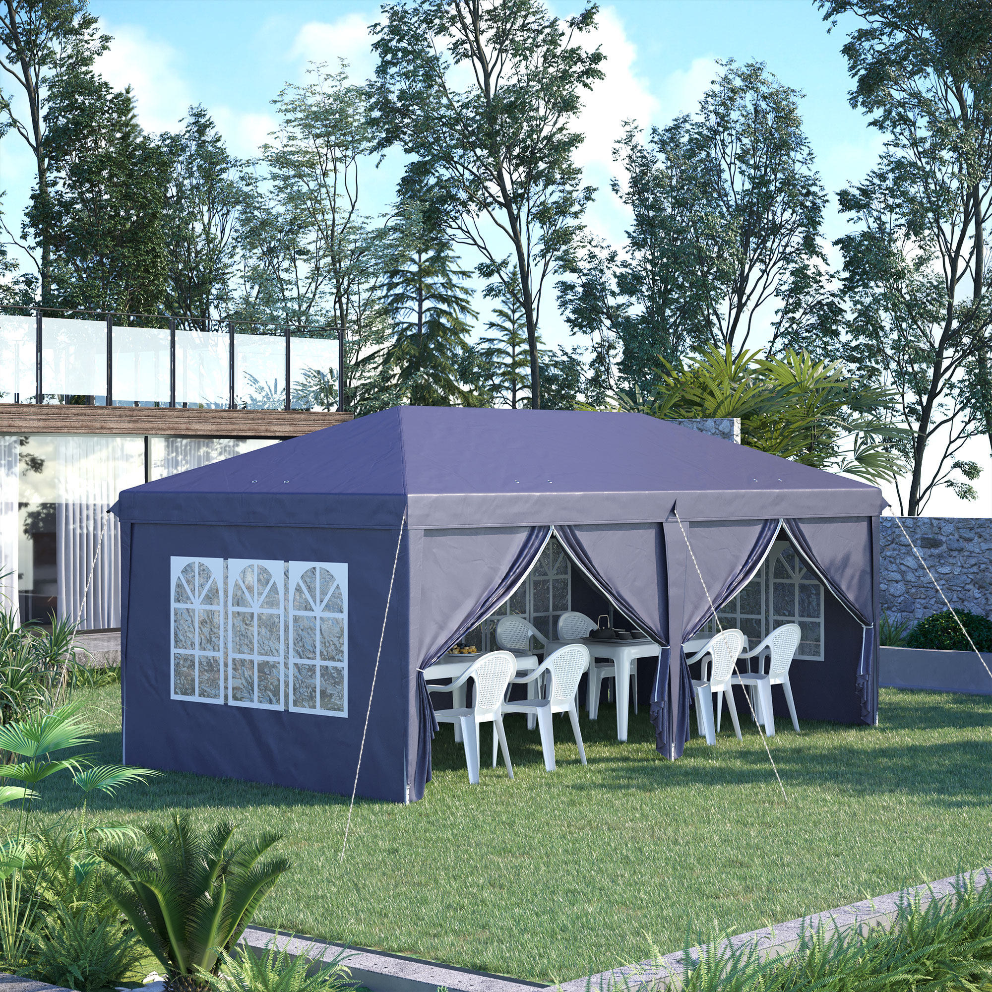 Outsunny Vouwtent van 6 x 3 m, verwijderbare zijwanden, grote ramen, deuren met ritssluiting, stalen frame, blauw