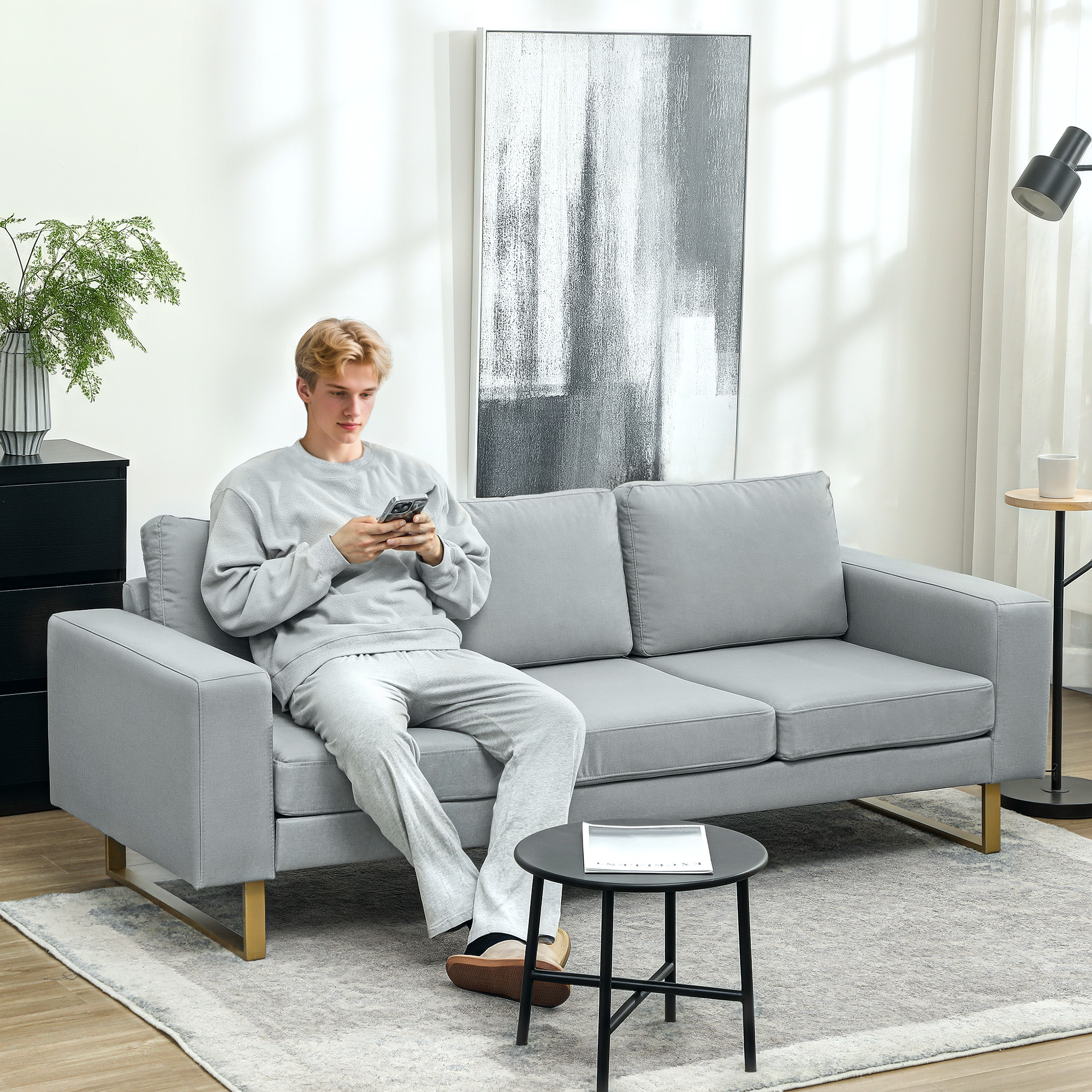 HOMCOM 3-Zitsbank, Bank met Houten Frame, Metalen Poten, Eenvoudig Ontwerp, Lichtgrijs