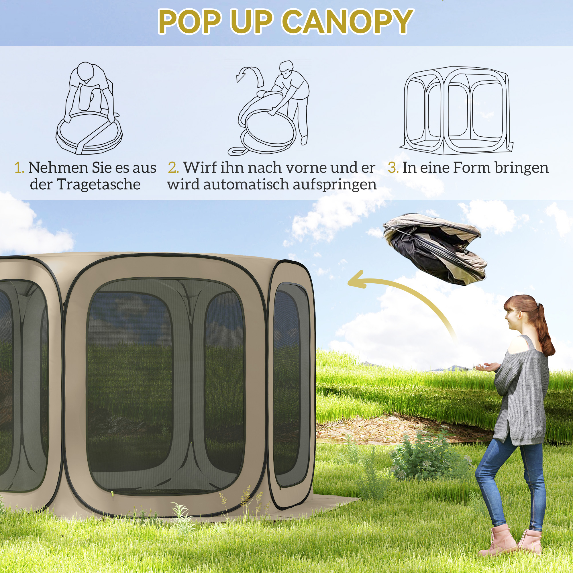 Outsunny Pop-up Campingtent, Draagbaar, UPF50+ Bescherming, Mesh-Zijden, Staaldraad, Khaki