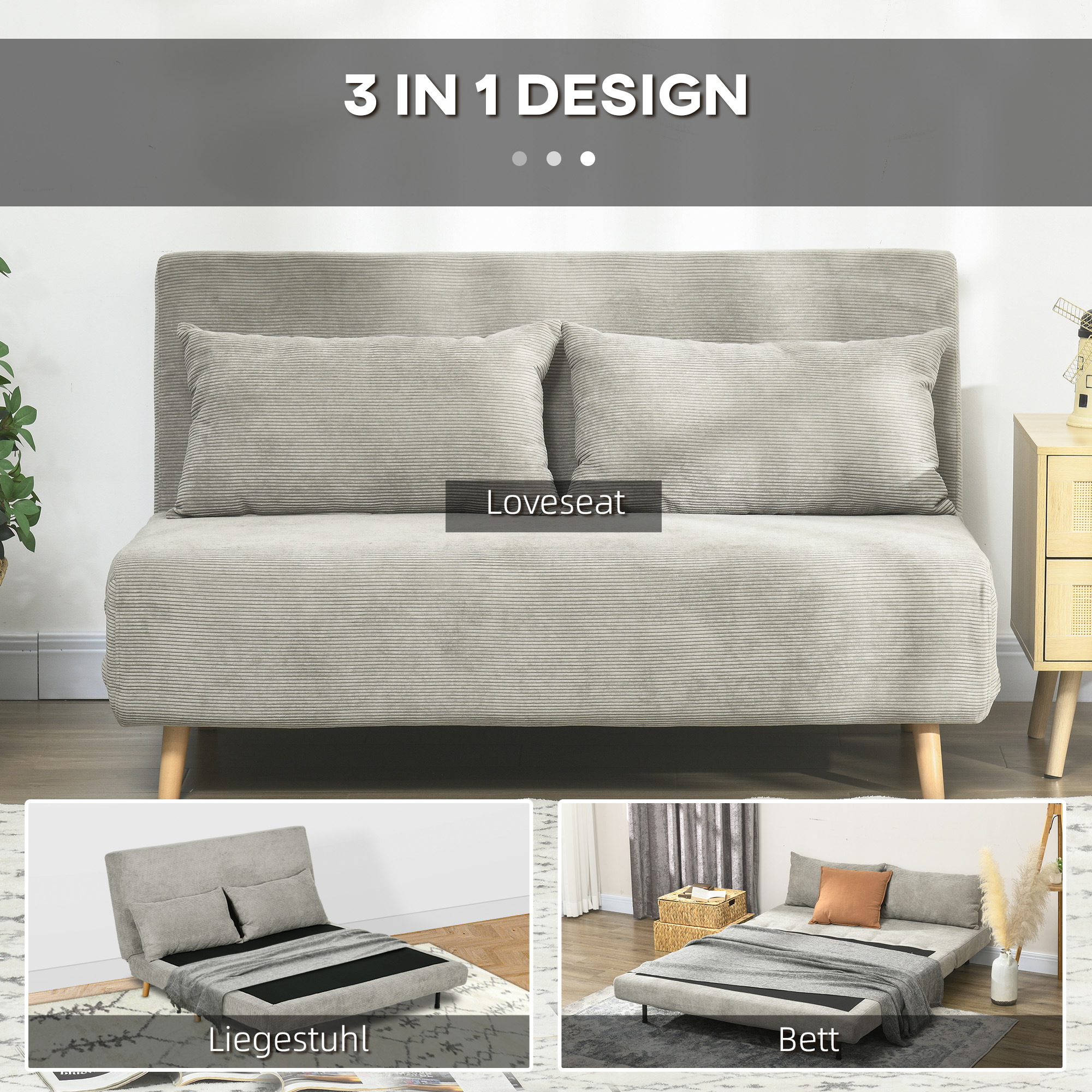 HOMCOM Slaapbank, Logeerbed, 3-standen Verstelbare Rugleuning, Linnenlook, tot 120 kg, 141 x 90 x 81 cm, Grijs