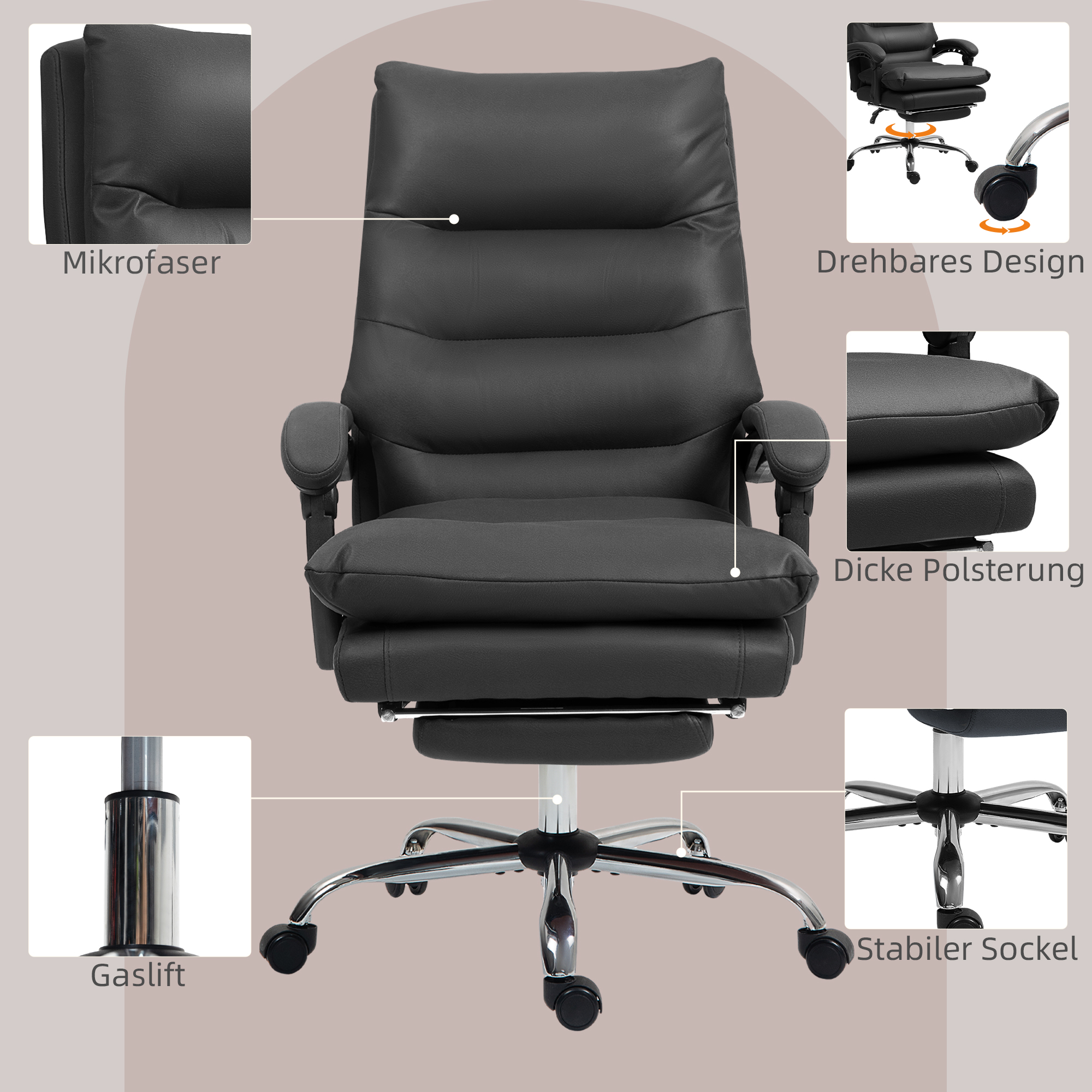 Vinsetto Massage Bureaustoel met Verwarming, Verstelbaar en Kantelbaar, Kunstleer, 65x72x109-117cm, Zwart