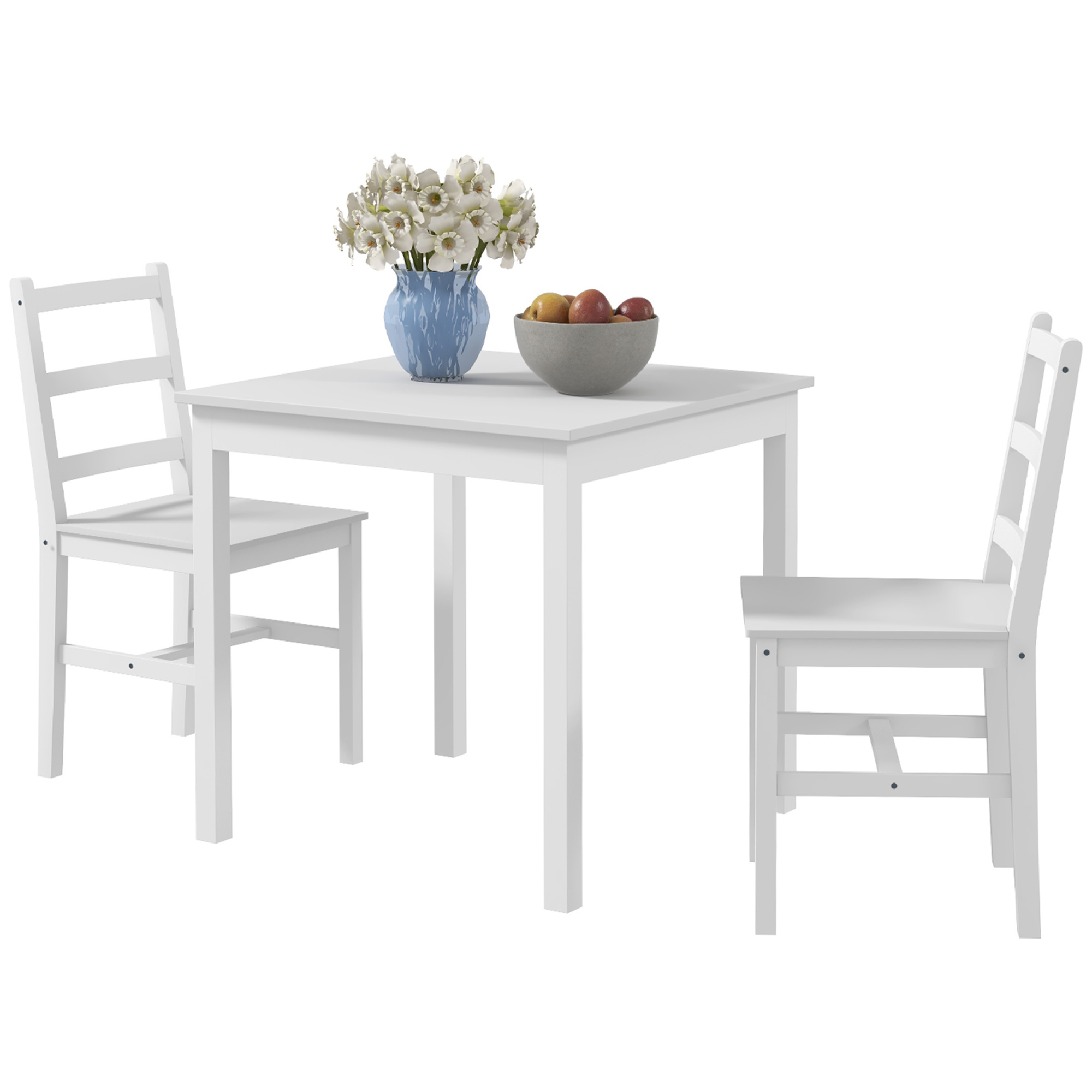 HOMCOM 3-delig Eettafelset Eetgroep Tafel met Stoelen, Grenenhout, Wit