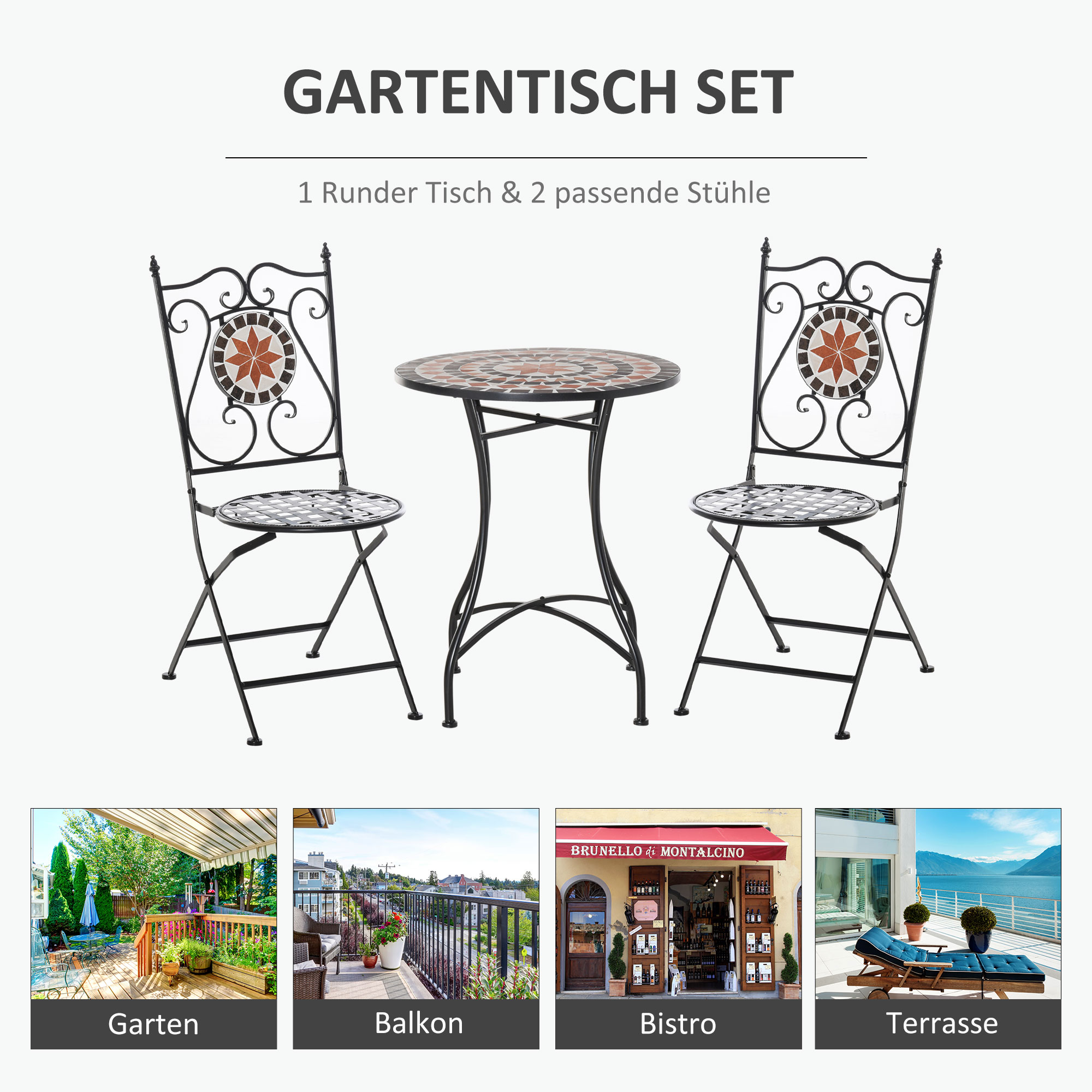 Zitgroep voor in de tuin 3-delige mozaïektafel + 2 opklapbare metalen stoelen