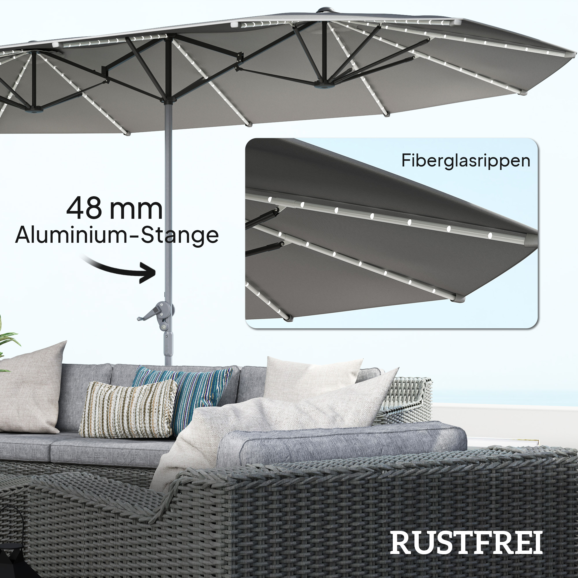 Outsunny Dubbele Parasol met Zonne-energie Verlichting, Aluminium, Polyester, UPF50+ Bescherming, UV-bestendig, Terras Parasol, Donkergrijs