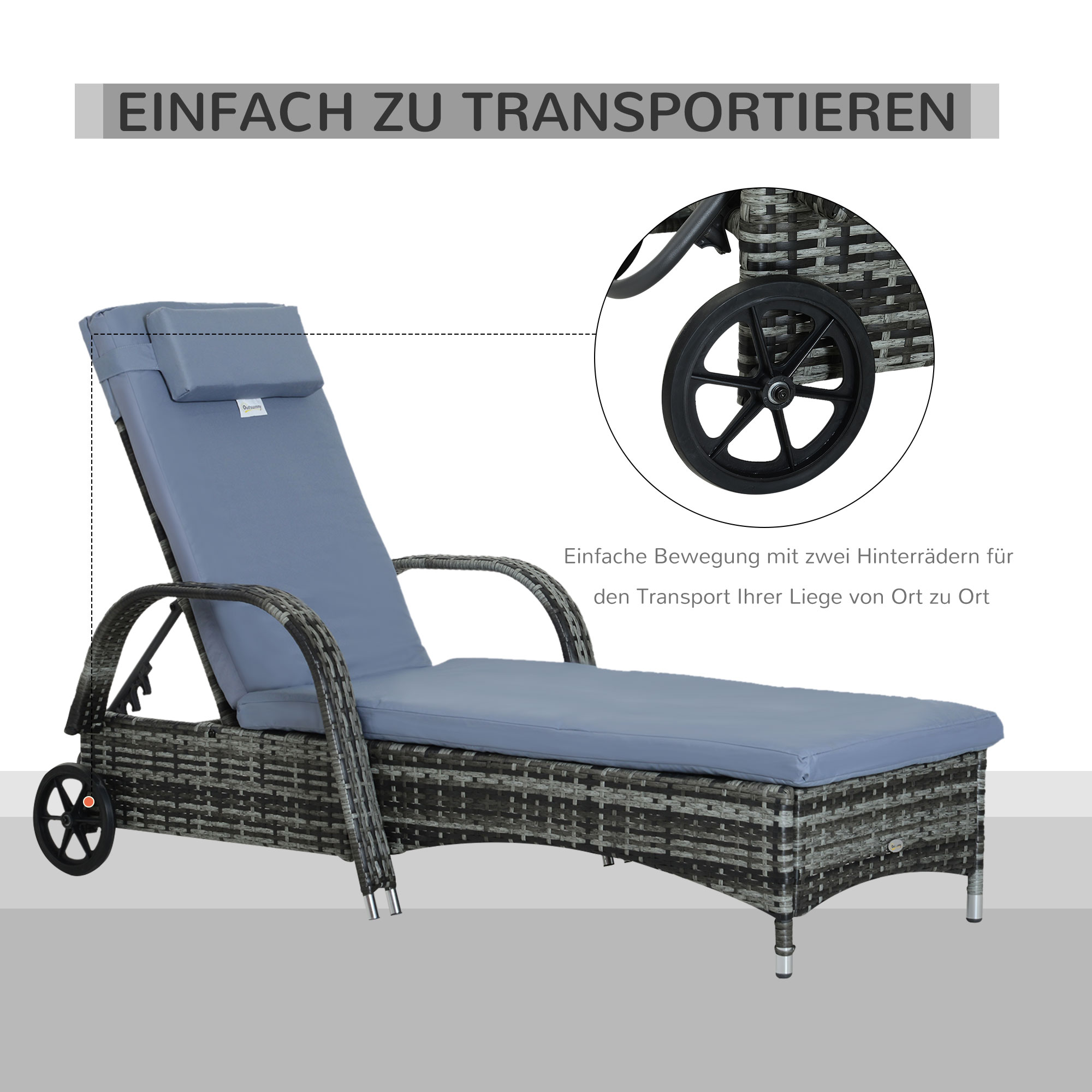 Outsunny poly-rotan ligbank ligstoel rotan ligstoel tuinmeubel mobiel grijs