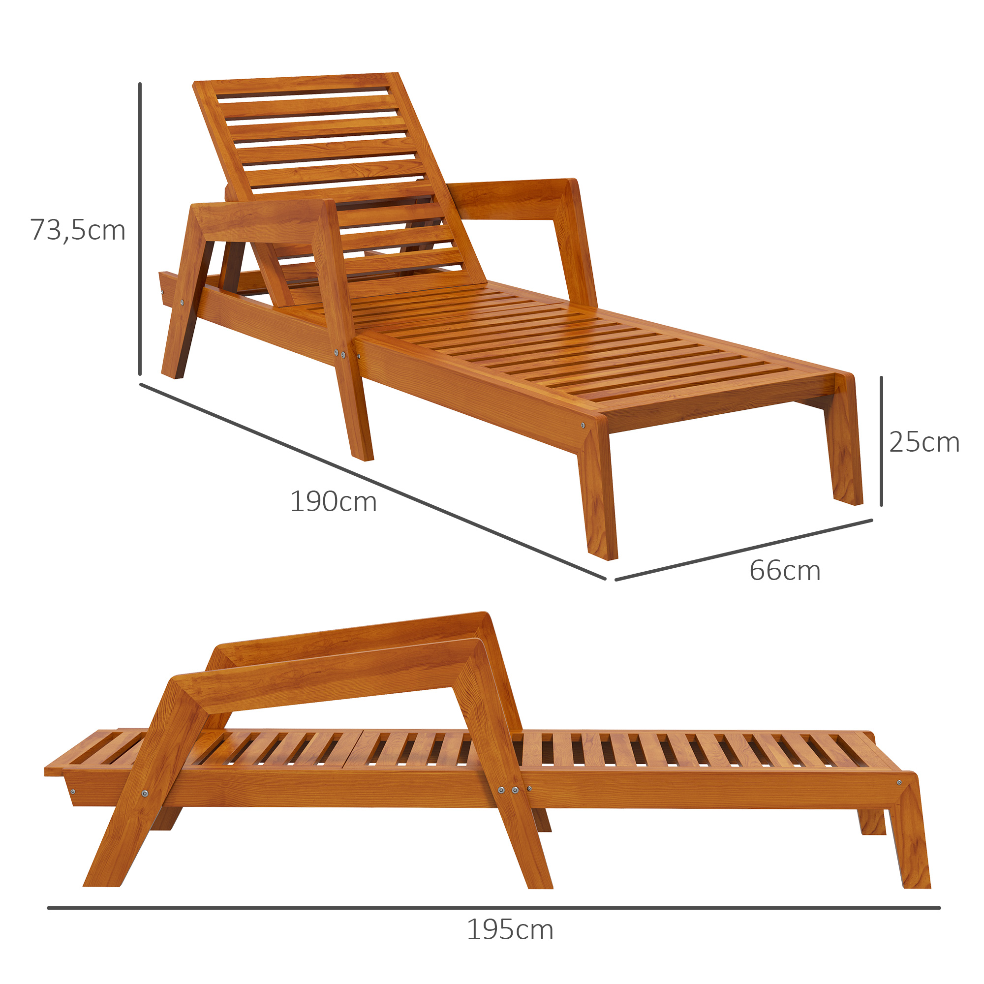 Outsunny Ligstoel Tuinligstoel Houten Ligstoel, Massief hout, 66 cm x 190 cm x 73,5 cm, Oranje