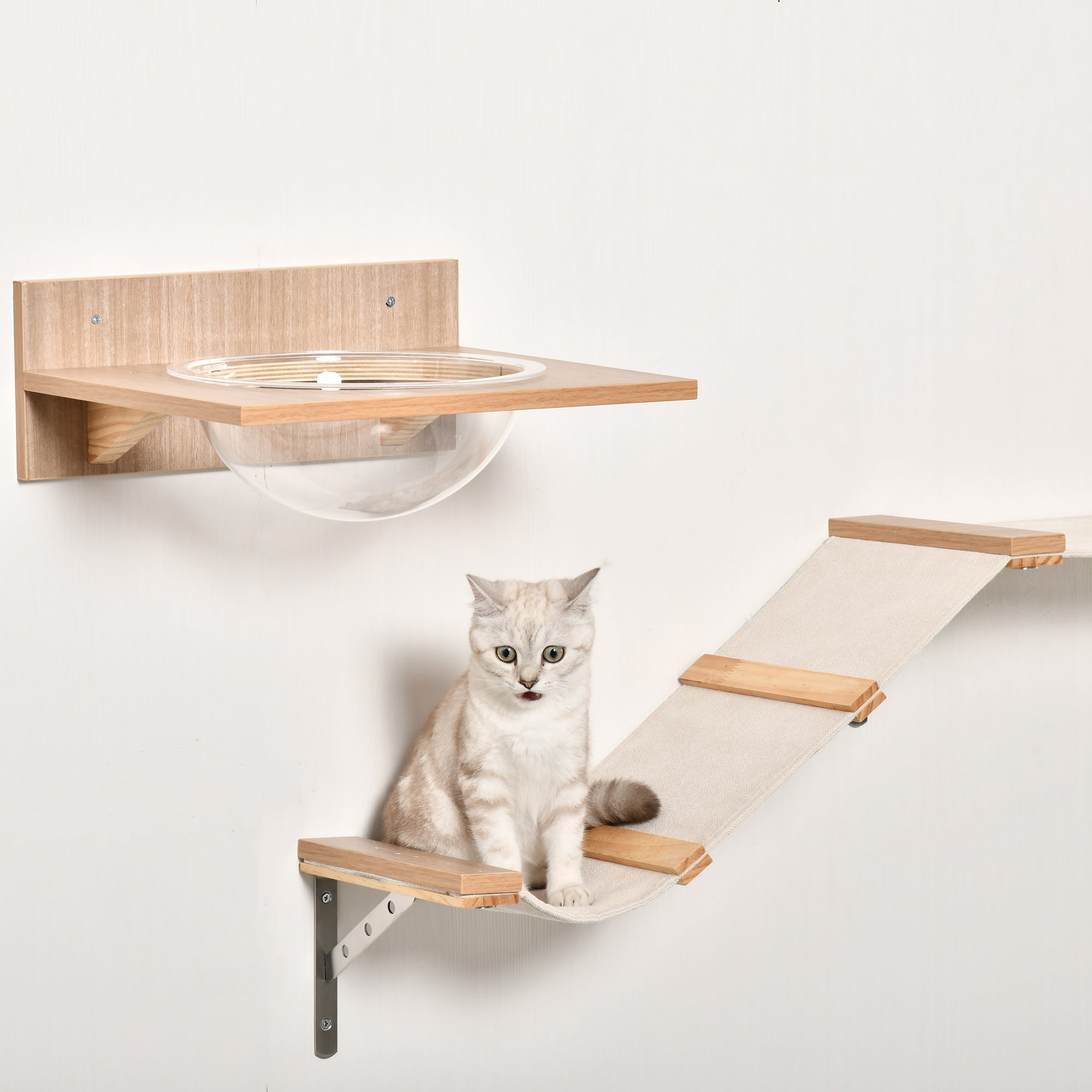 PawHut 4st. Klimmuur voor katten Kattenklimwand met krabpaal Kattentrap Kattenmeubel Hangmat Lichtbruin sisal acryl grenen