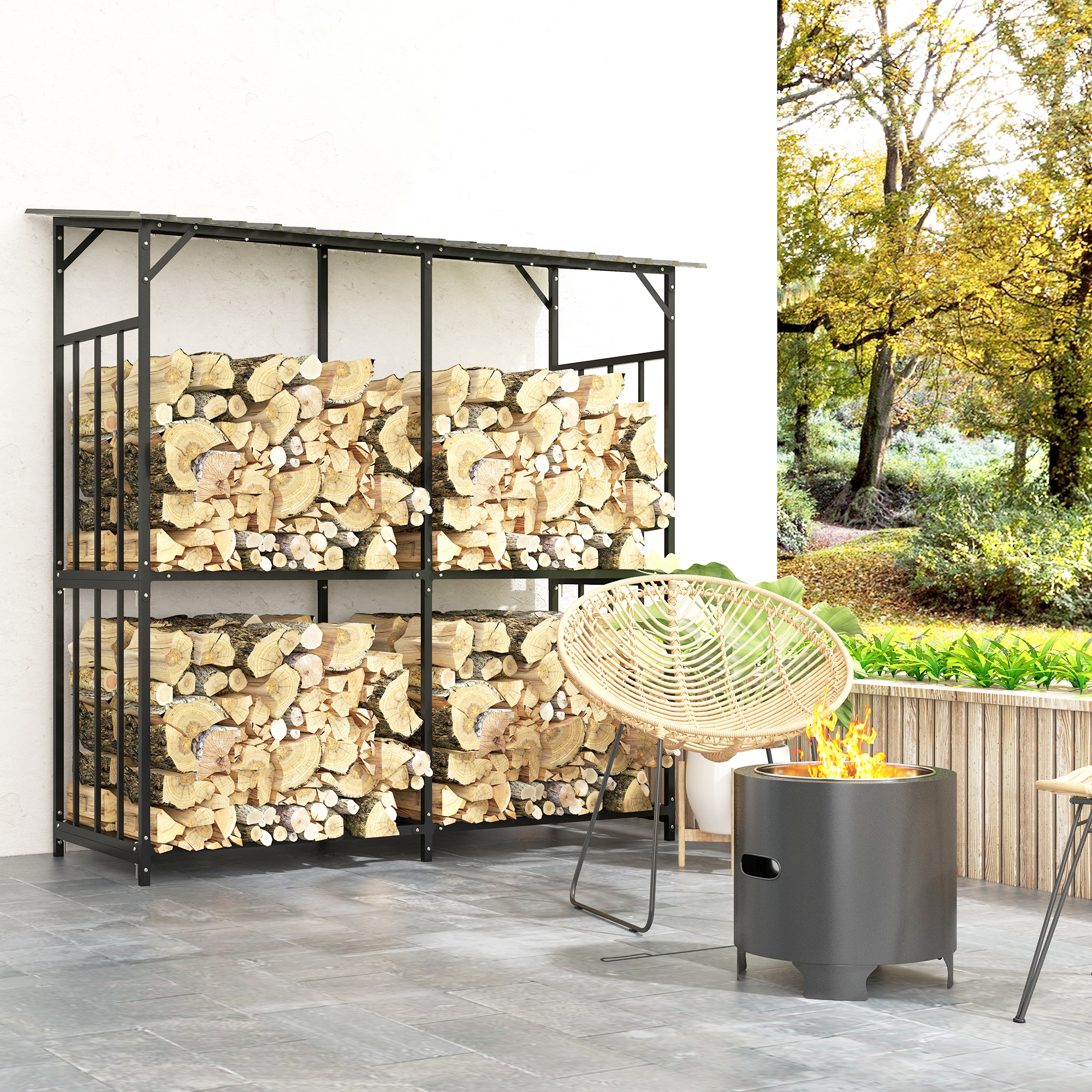 Outsunny Brandhoutrek, 2 lagen, Verzinkt Staal Dak, Metalen Frame, 186 x 75 x 185 cm, Zwart
