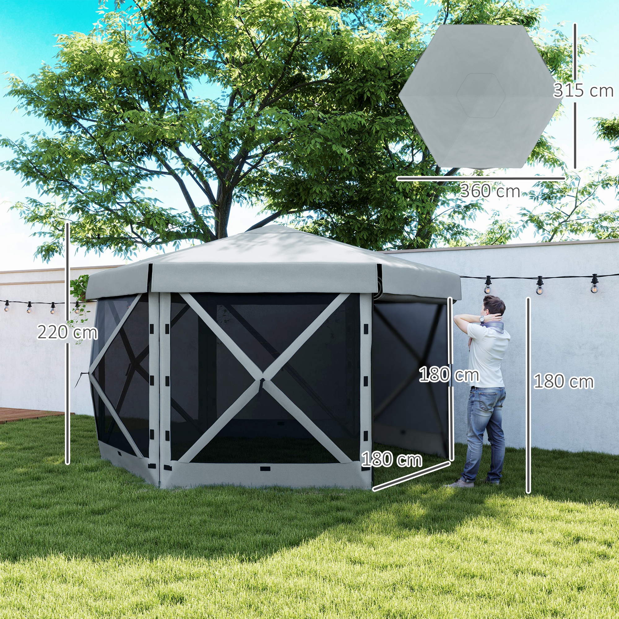 Outsunny Tuin-Paviljoen, Tuintent met 5 Gaaswanden en Draagtas, Waterdicht, UV-bestendig, Partytent, Lichtgrijs