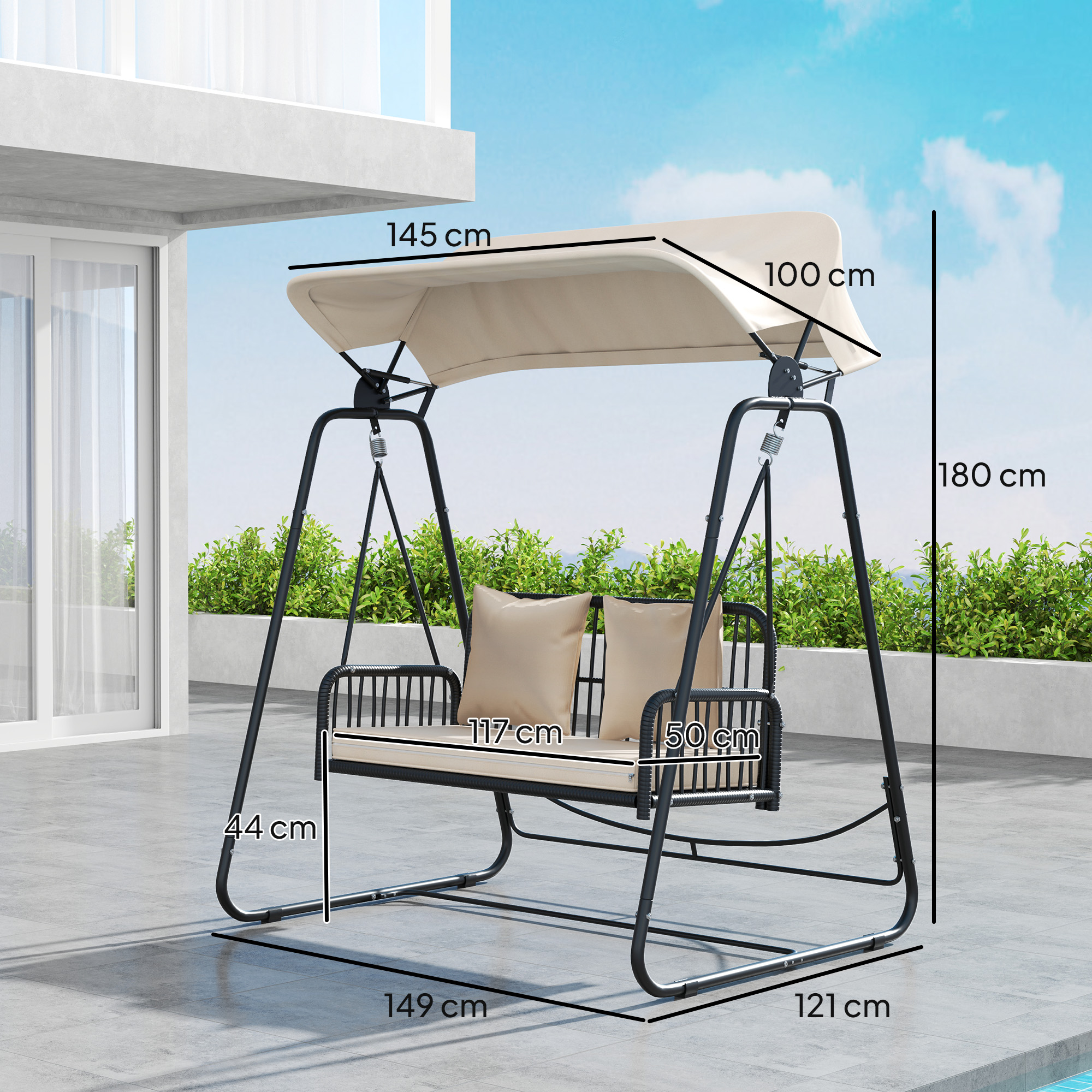 Outsunny Rattan Hollywoodschommel voor 2 Personen met Zonnedak en Kussens, Belastbaar tot 240 kg, 149 x 121 x 180 cm, Khaki
