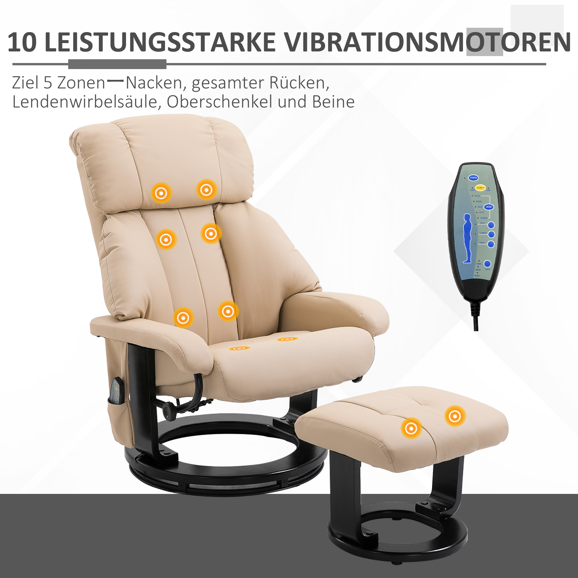 HOMCOM massagefauteuil TV fauteuil fFauteuil met massagekruk met timerfunctie beige 76 x 80 x 102 cm
